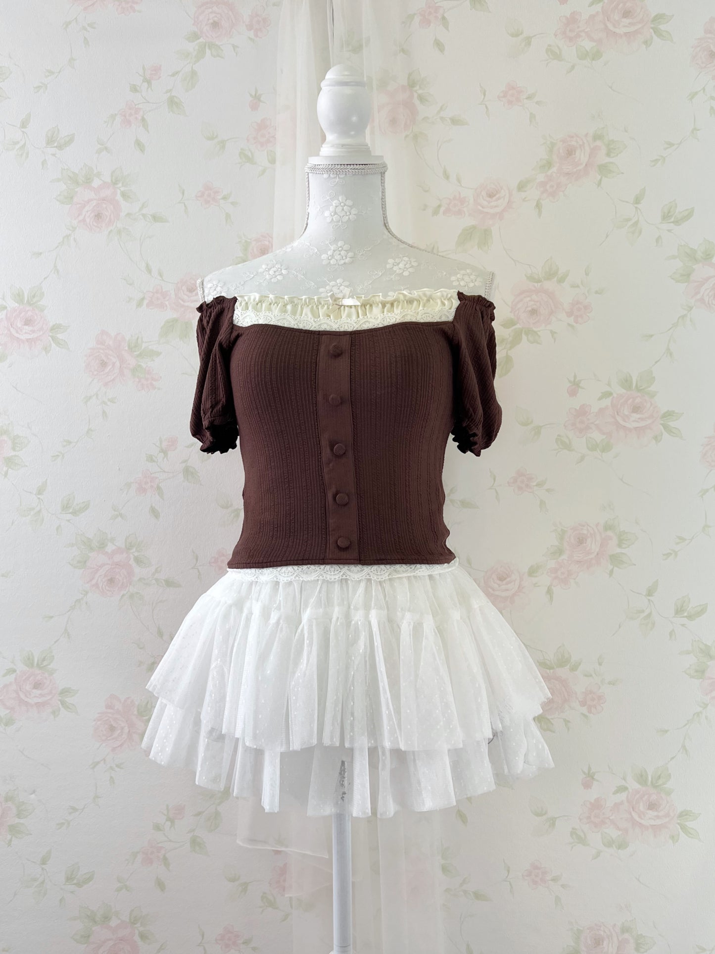 GRL Lace Shoujo Milkmaid Tops (Brown)