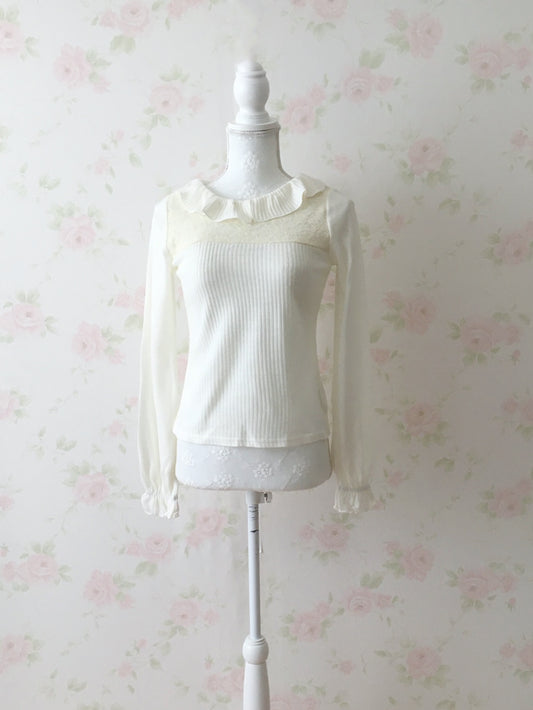 LIZ LISA Ruffled Collar Rib Top (Ivory)