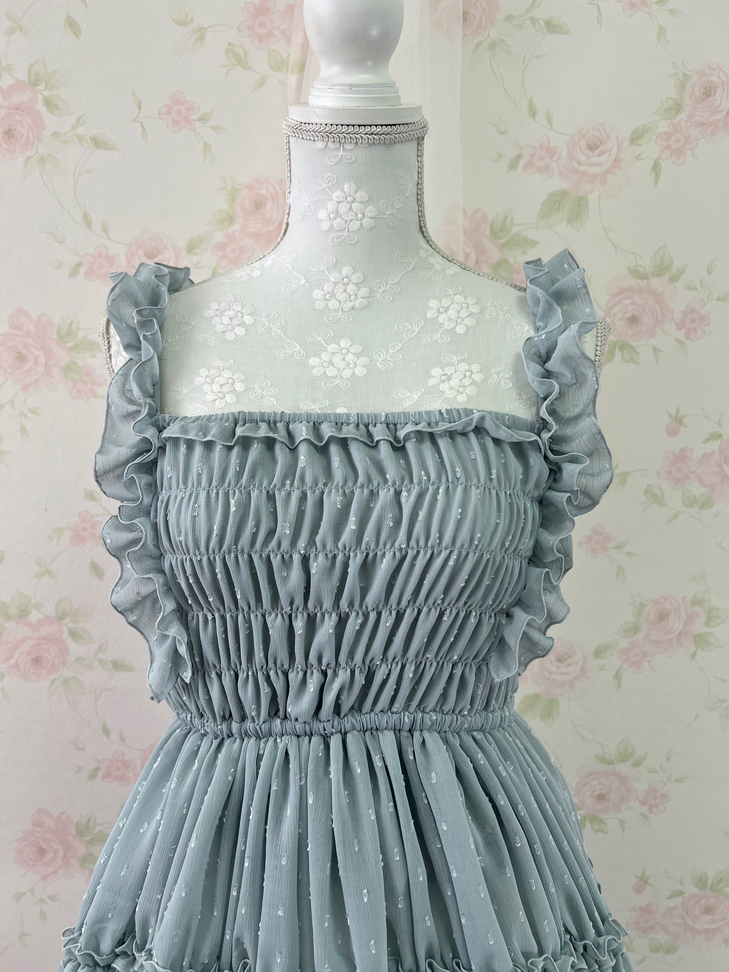 GRL Frilled Strap Tiered Dress (Grayish Blue Green)