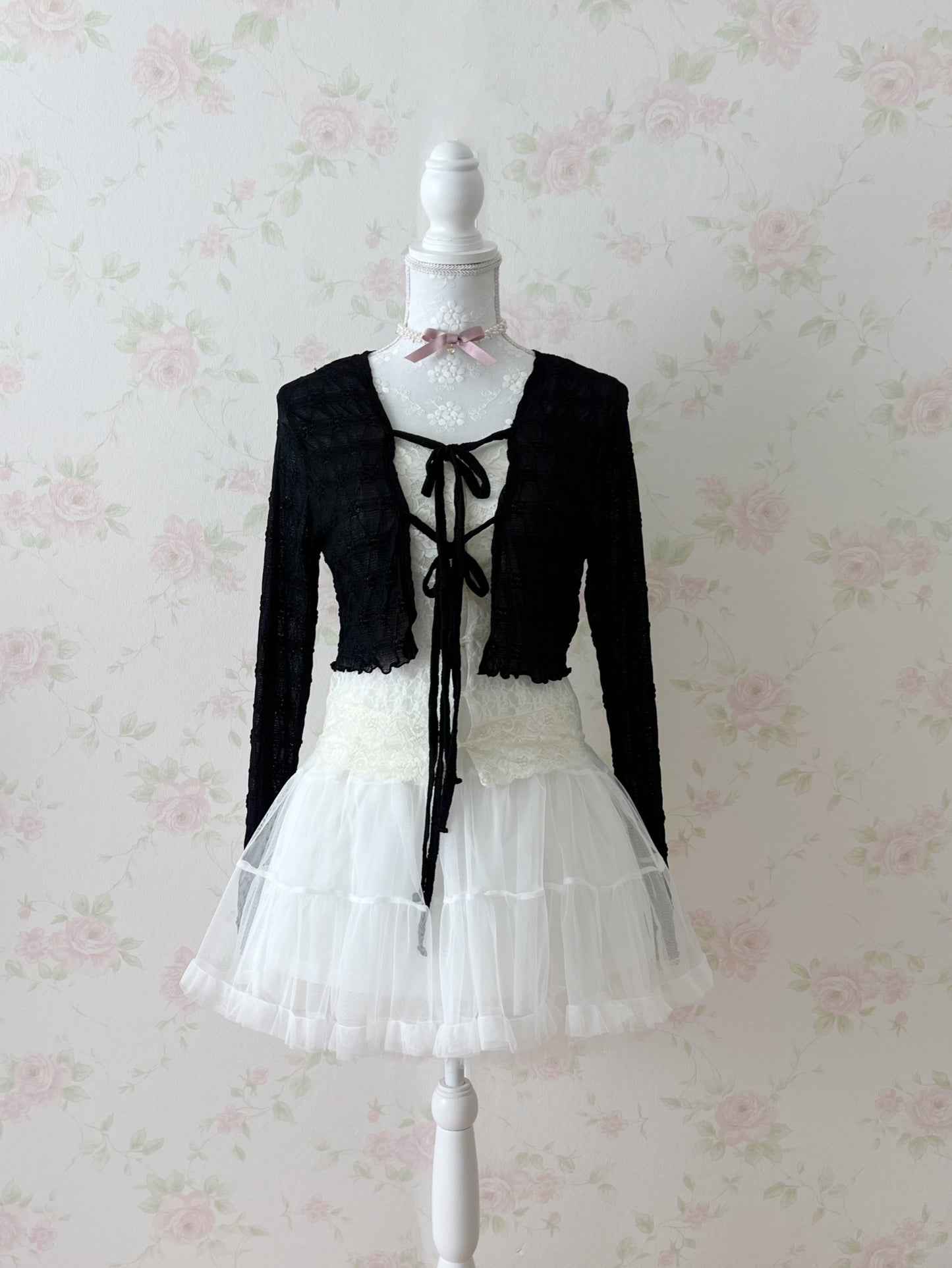 Front Double Bow Soft Cardigan (Black)