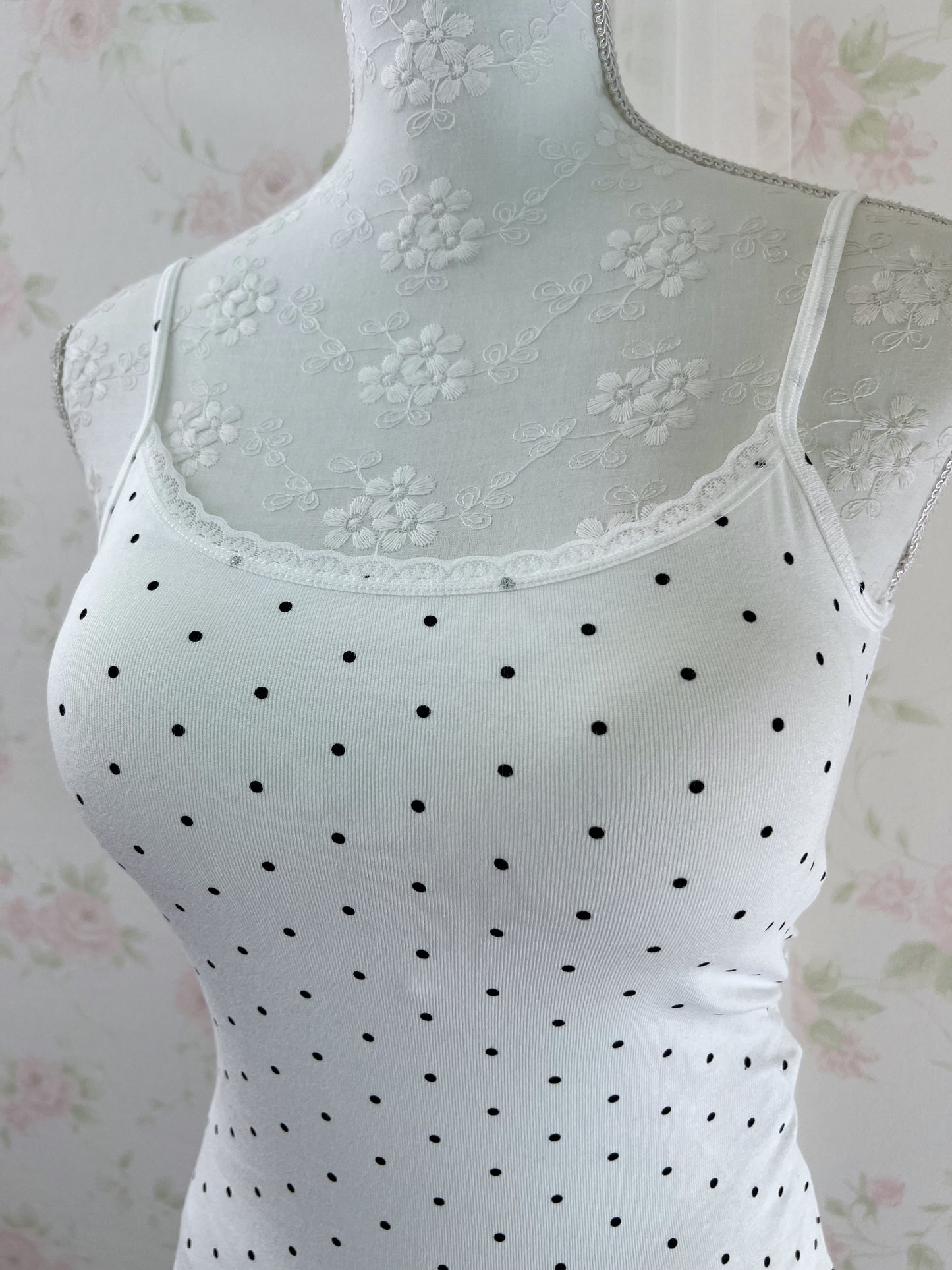 Polka Dot Lacy Hem Camisole With Cups (White)