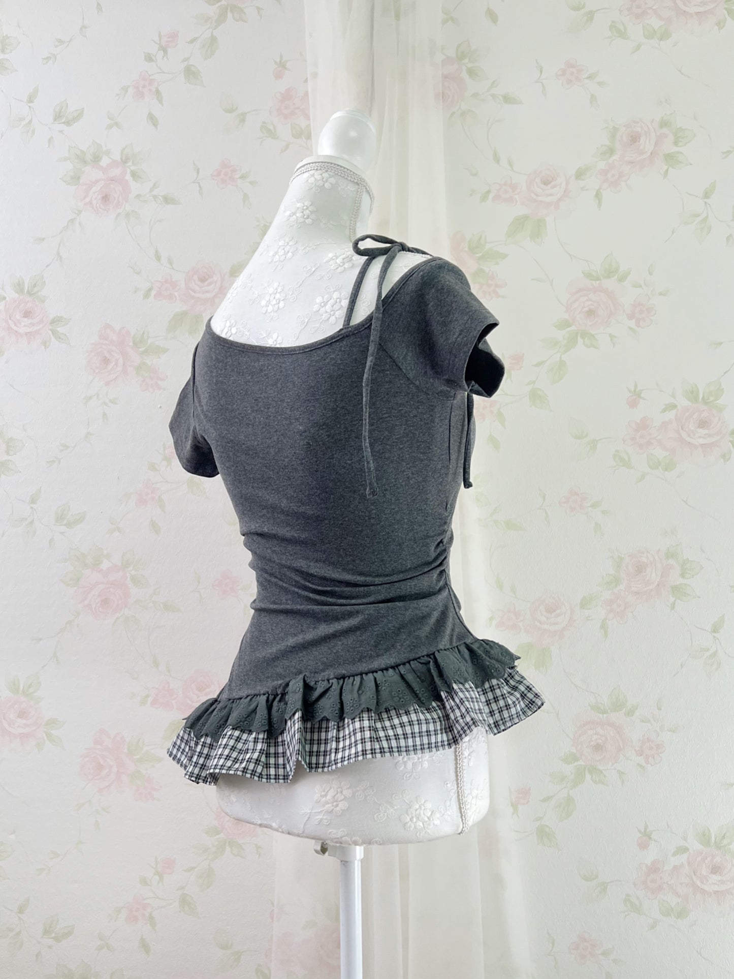 GRL Checked Ruffled Hem One Shoulder T-shirt