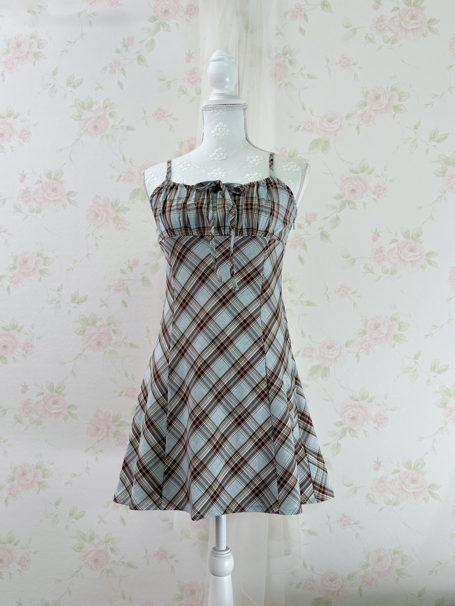 GRL Camisole Gathering Checked Dress (Mint Green)