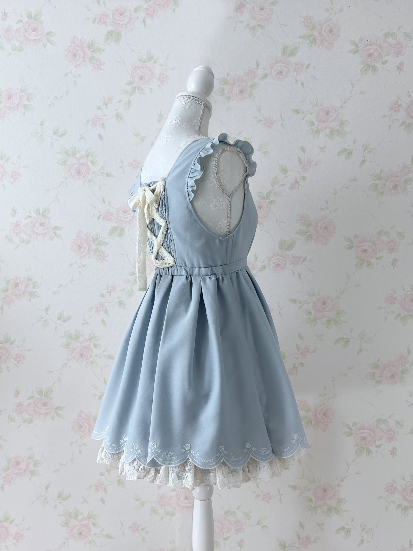 LIZ LISA Rose Embroidery Back Laced Up Dress (Blue)