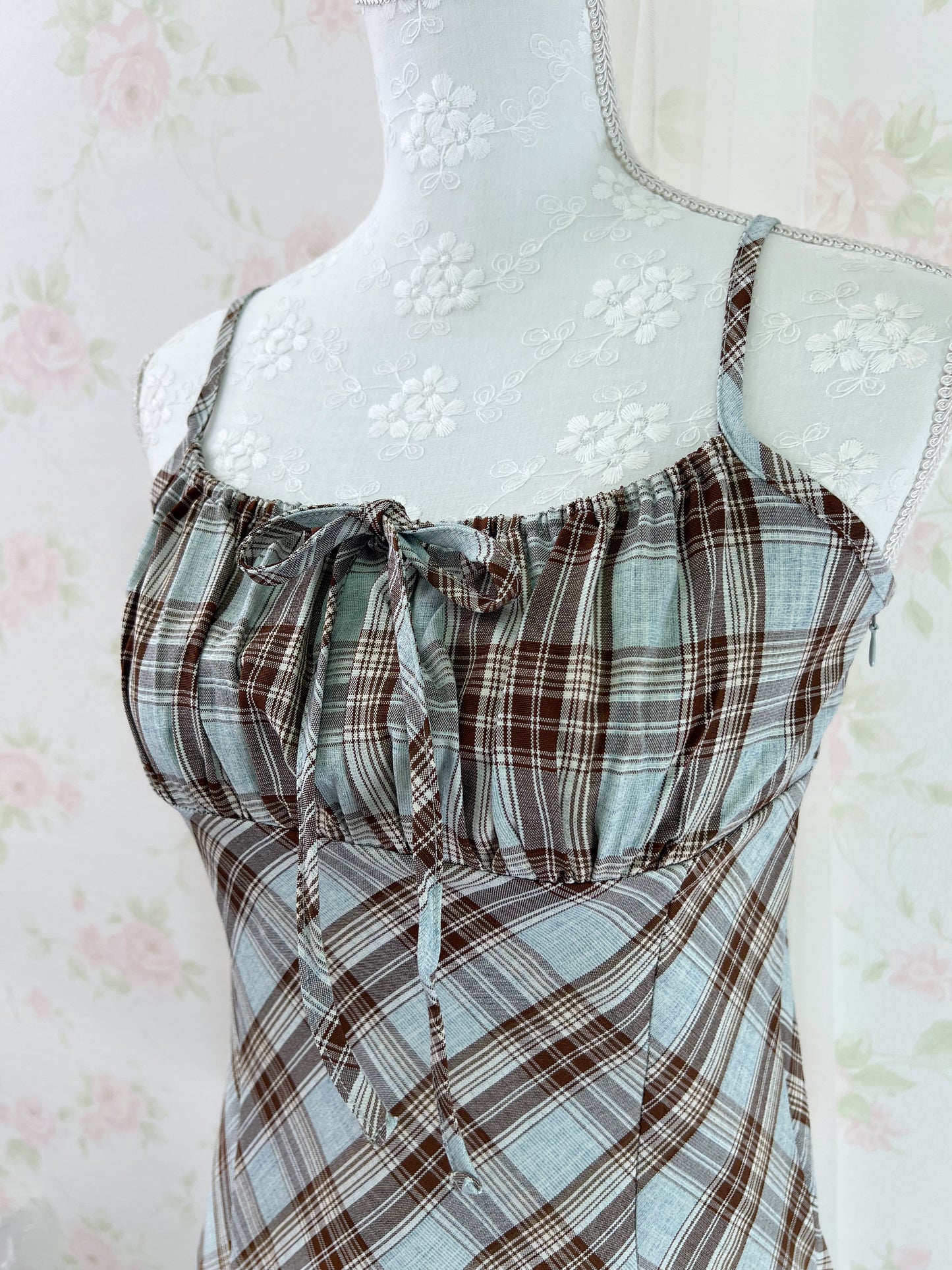 GRL Camisole Gathering Checked Dress (Mint Green)