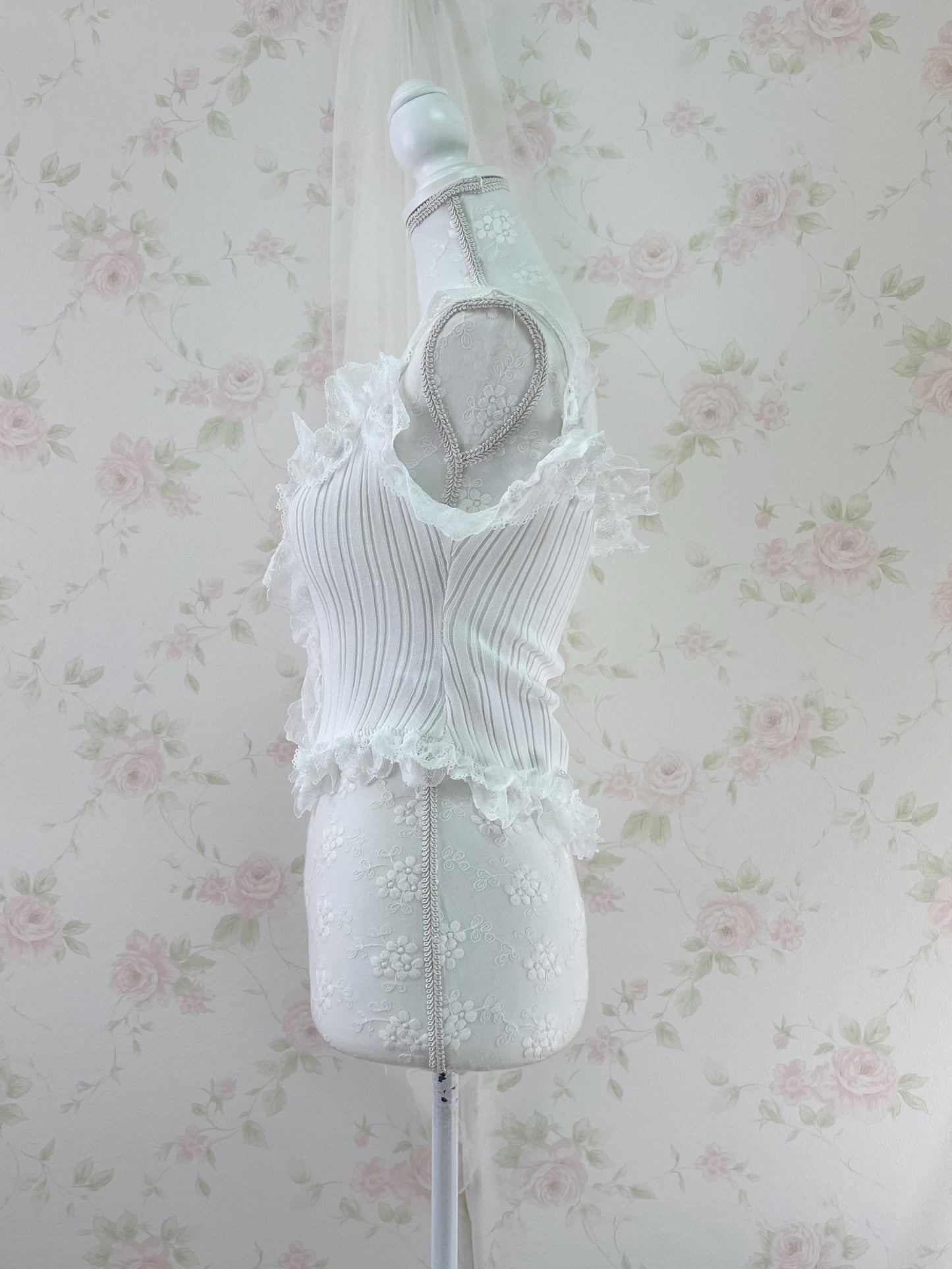 Lacy Ribbed Button Up Tank Top(white)