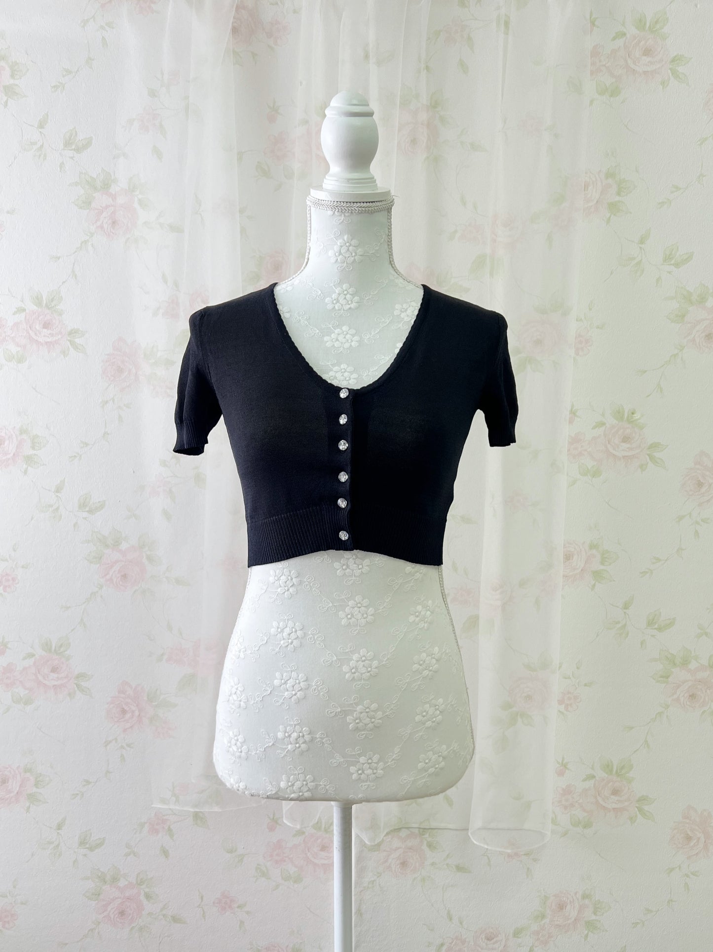 Crystal Button Short Cardigan (Black)