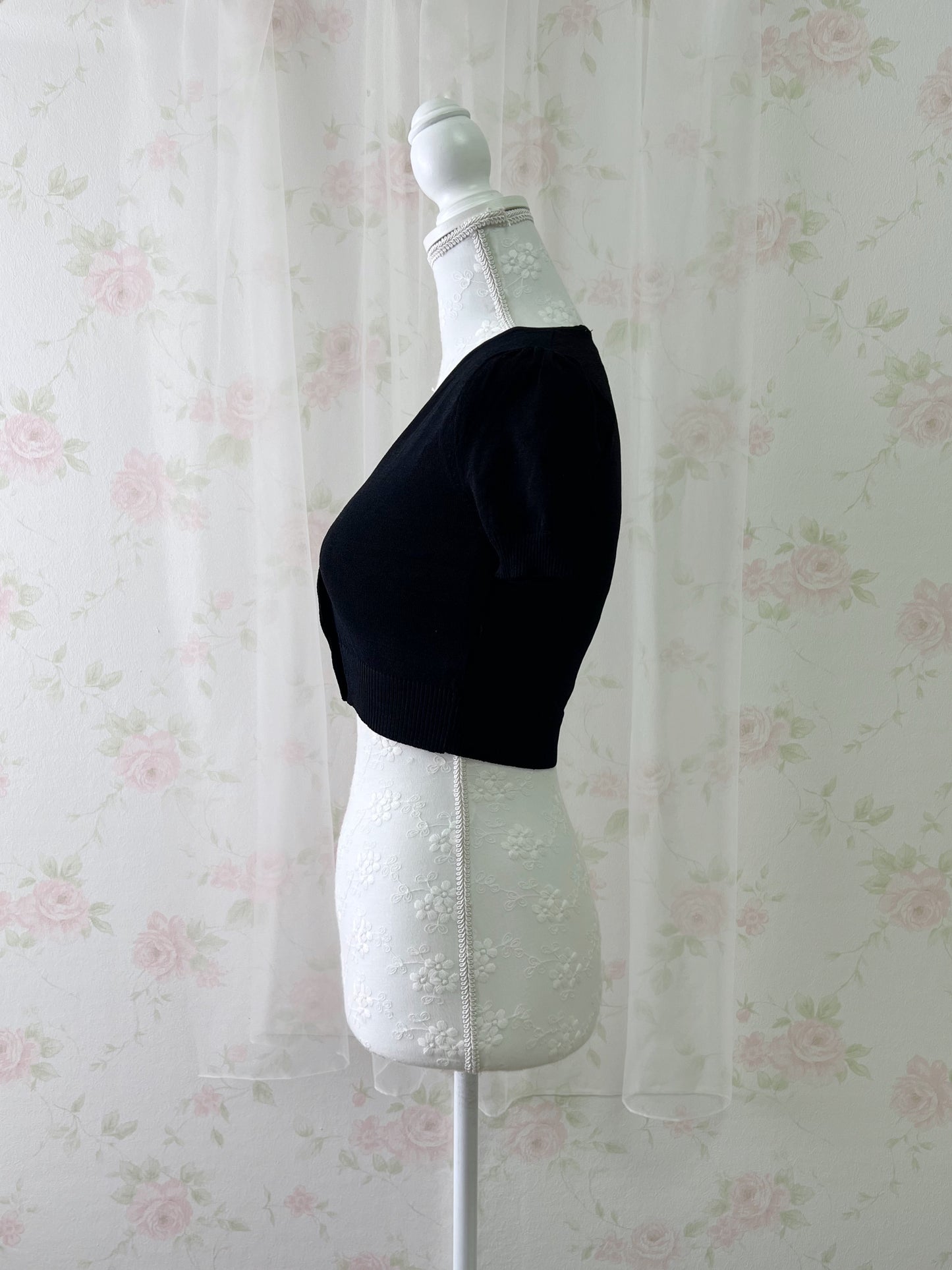 Crystal Button Short Cardigan (Black)