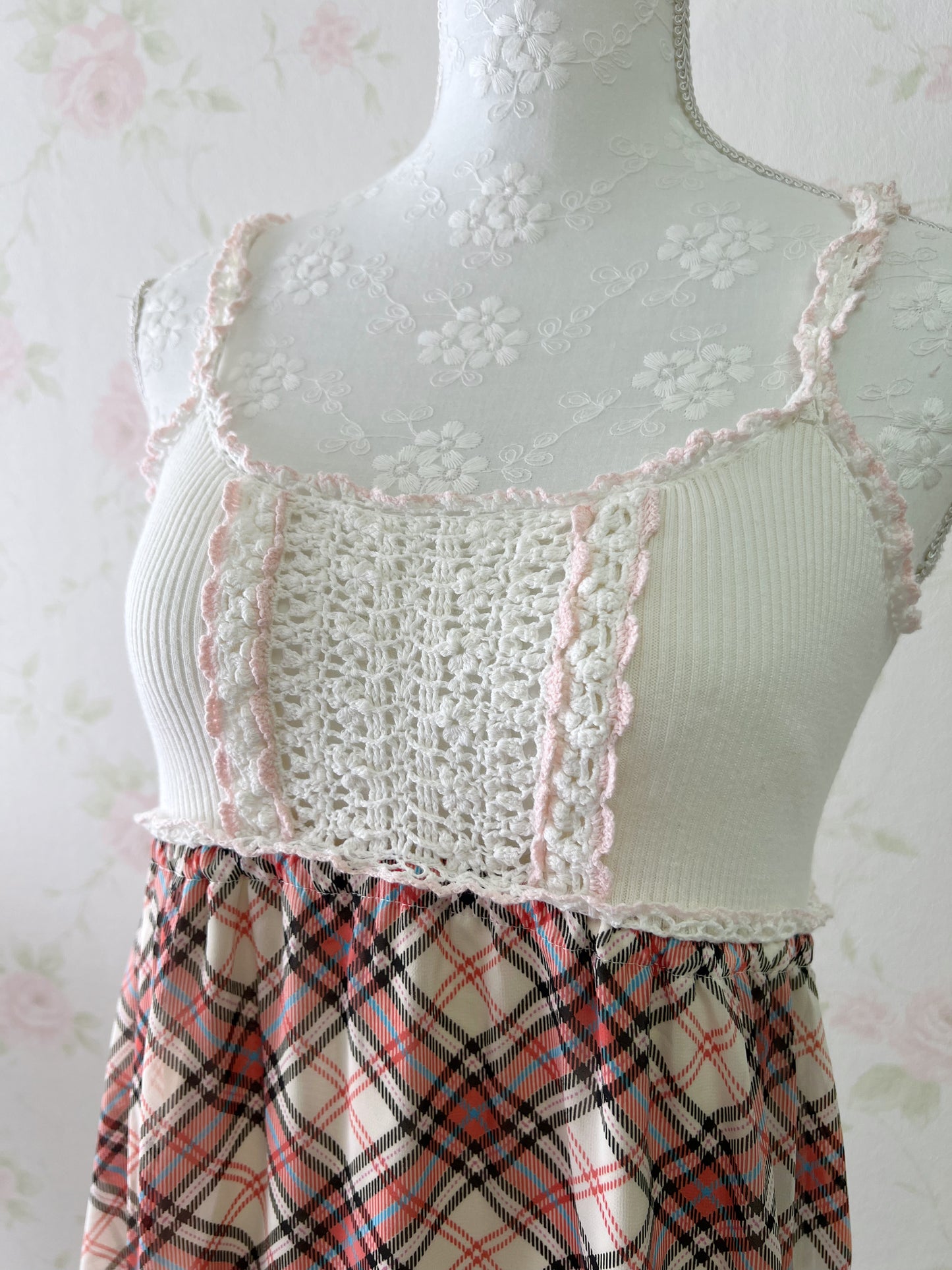 L'EST ROSE Crocheted Checked Camisole Dress