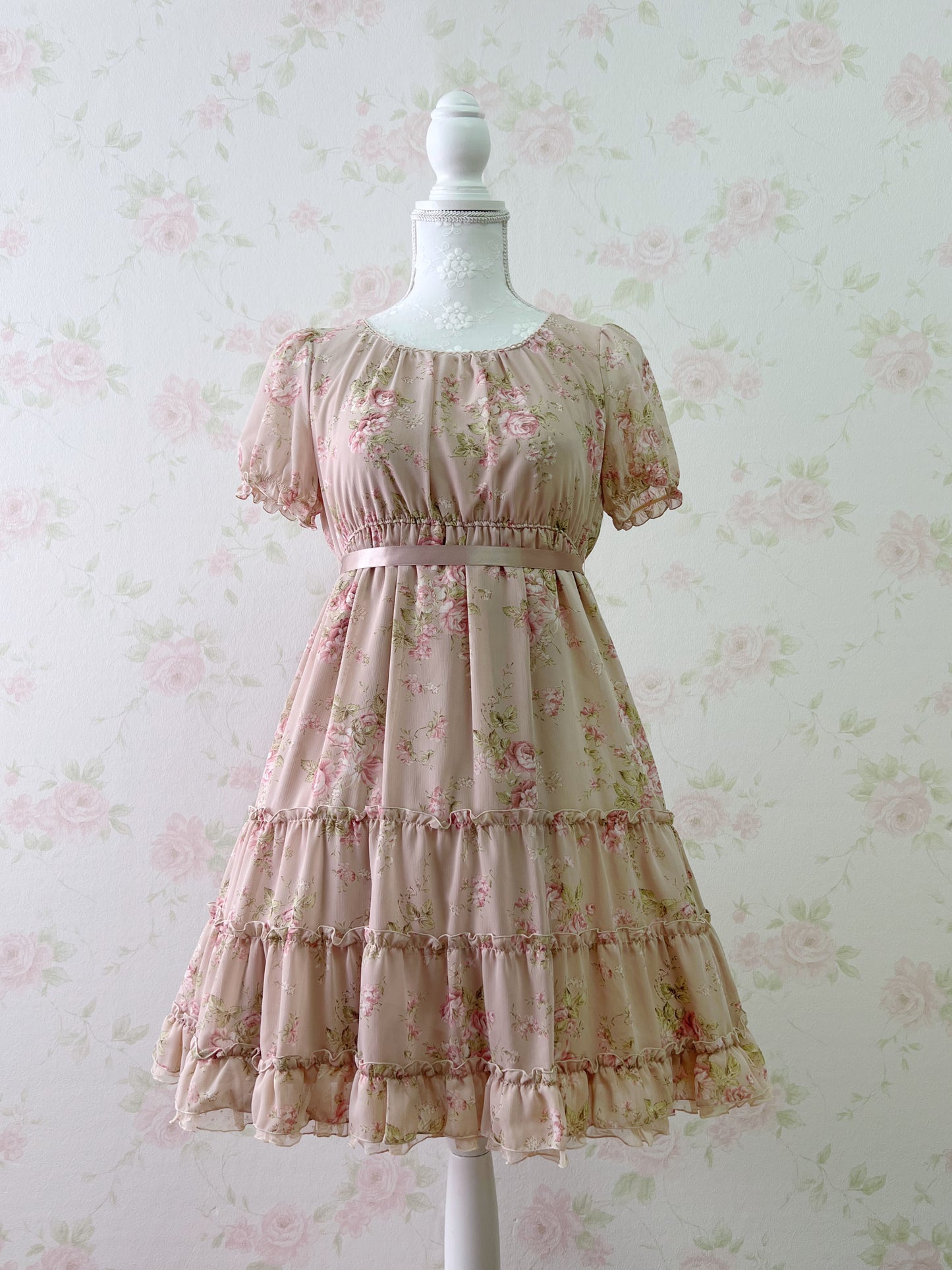 L’EST ROSE Princess Puff Sleeved Chiffon Dress (Pink)