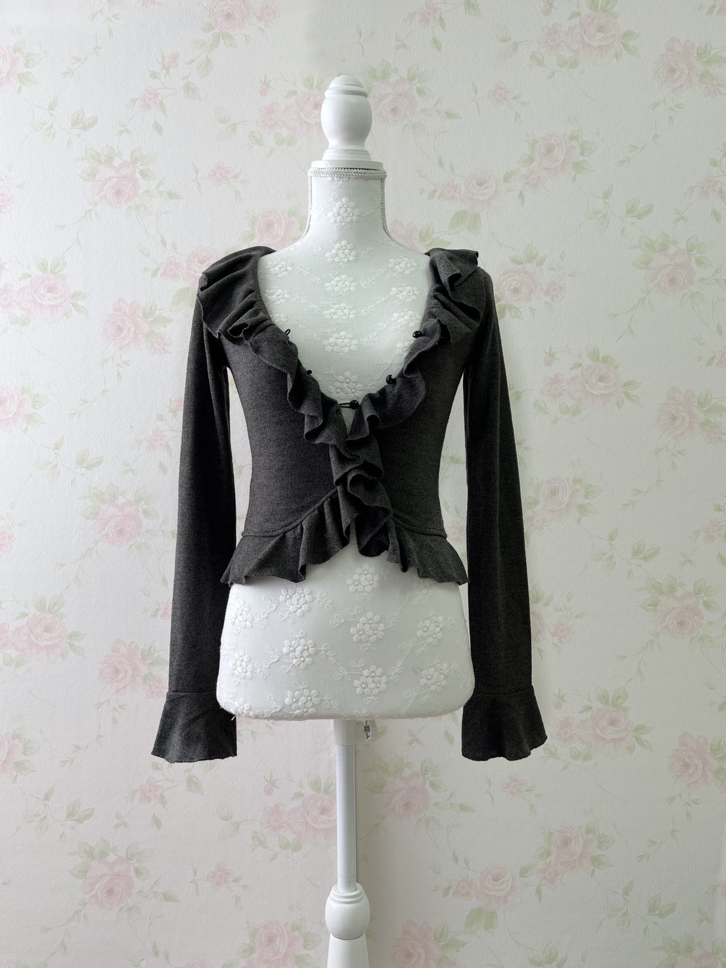 GRL Ruffled V Neck Cardigan (Dark Gray)