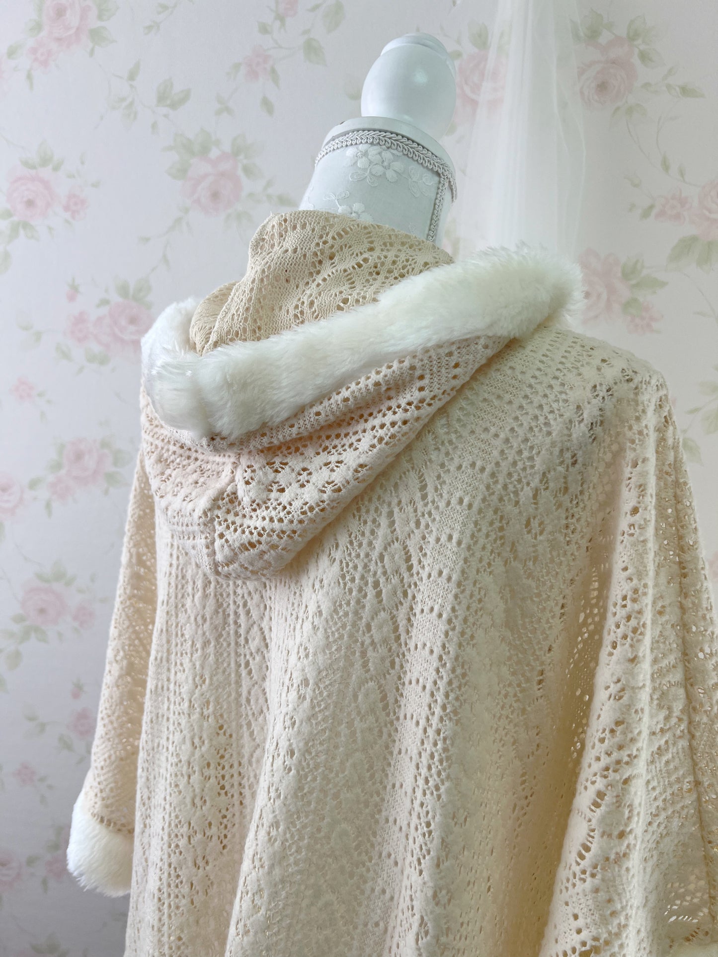 Ribbon Pocket Pom Pom Poncho (Beige)