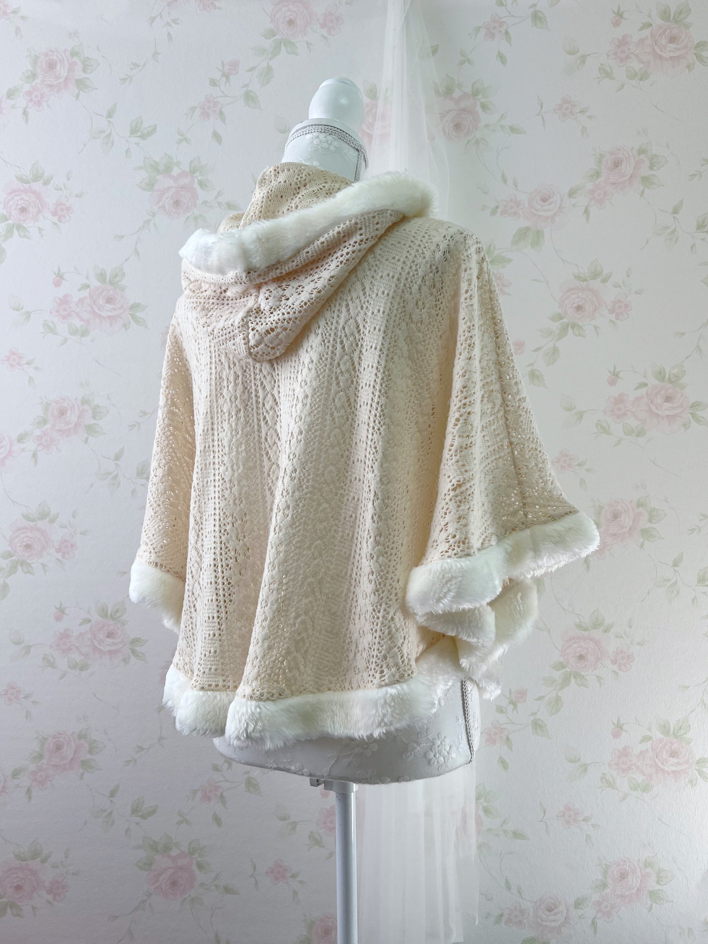 Ribbon Pocket Pom Pom Poncho (Beige)