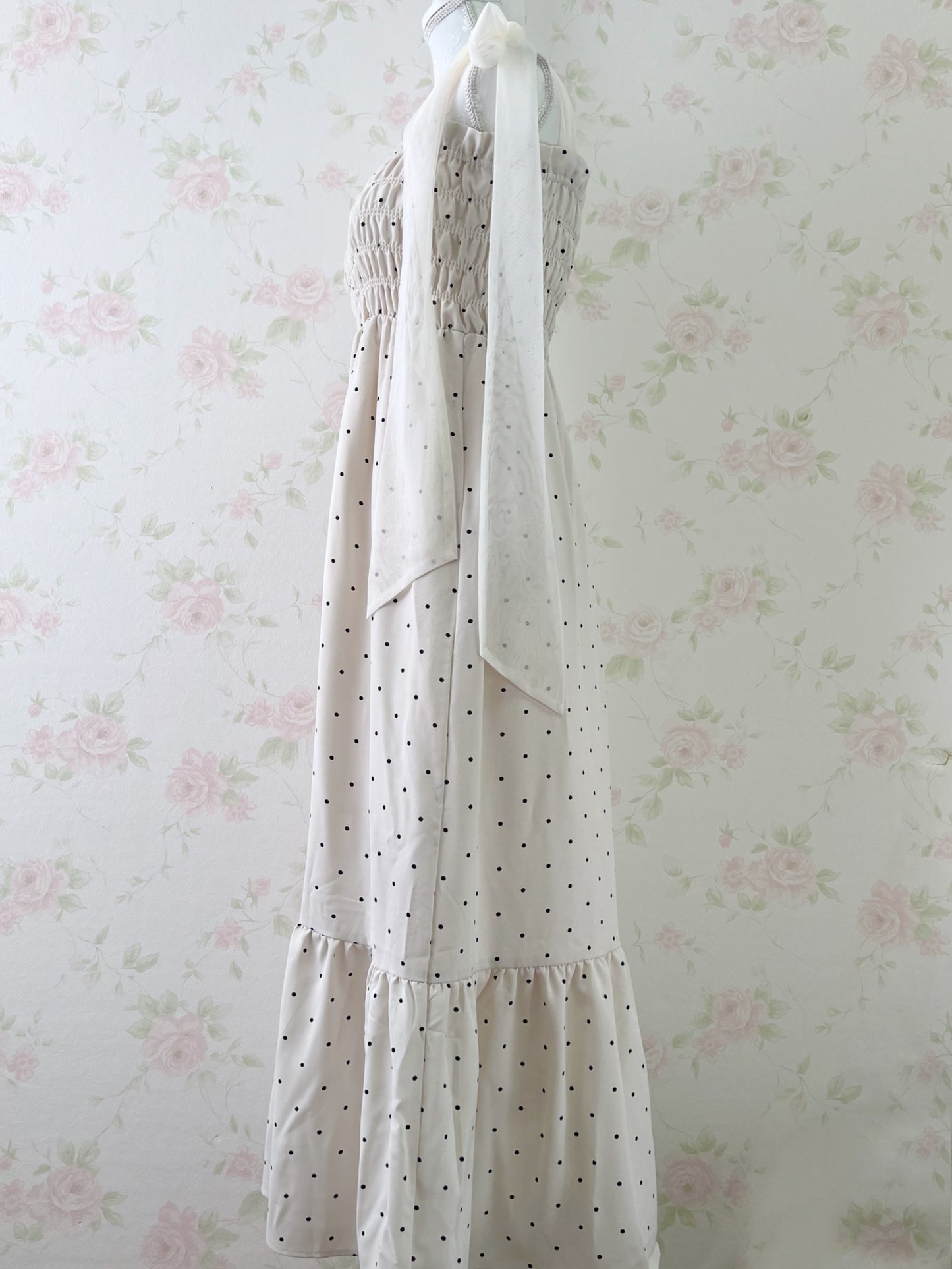 GRL Tulle Ribbon Strap Polka Dot Long Dress (Ivory)