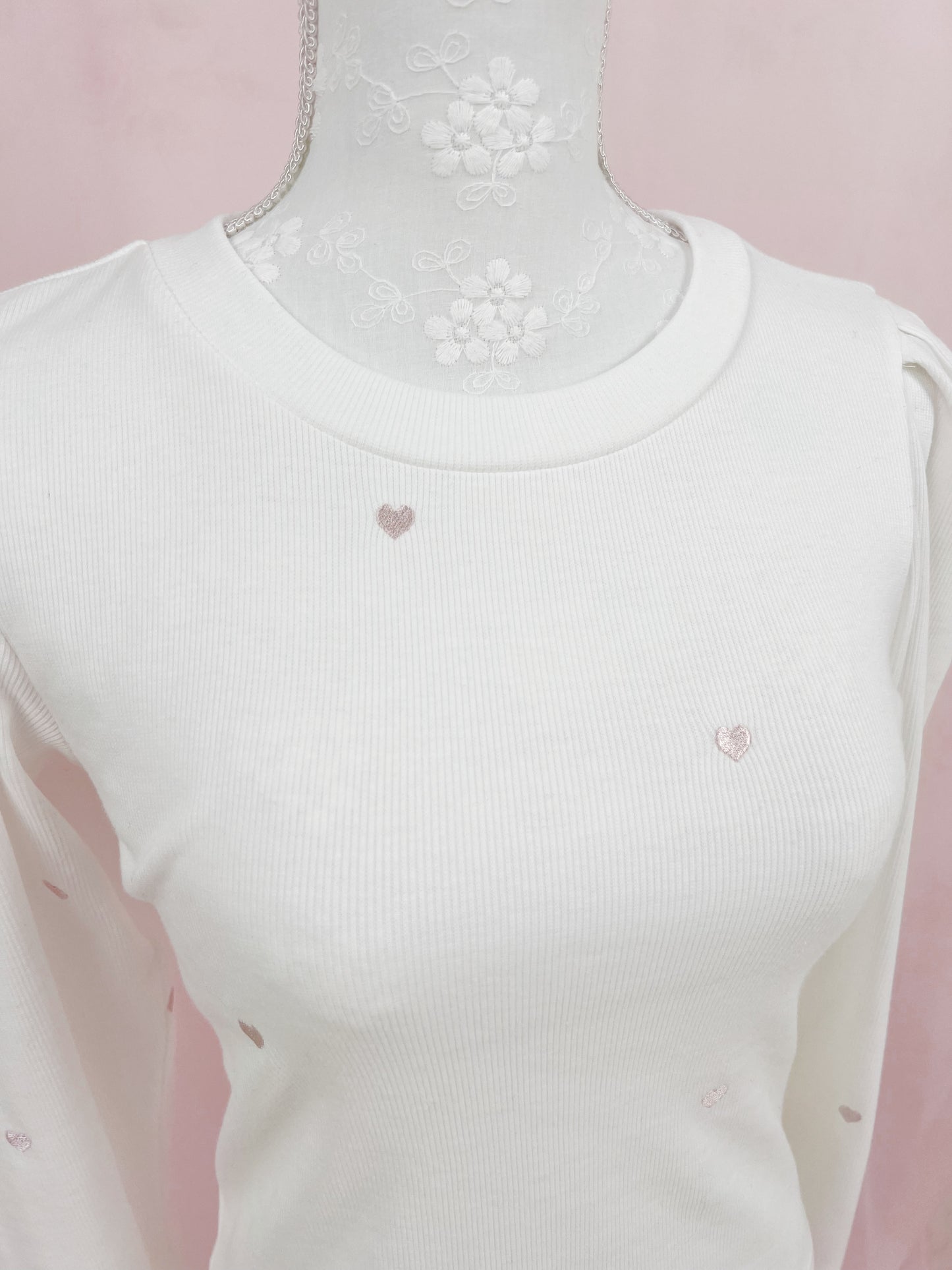 Heart Embroidery Long Sleeved Top (White)