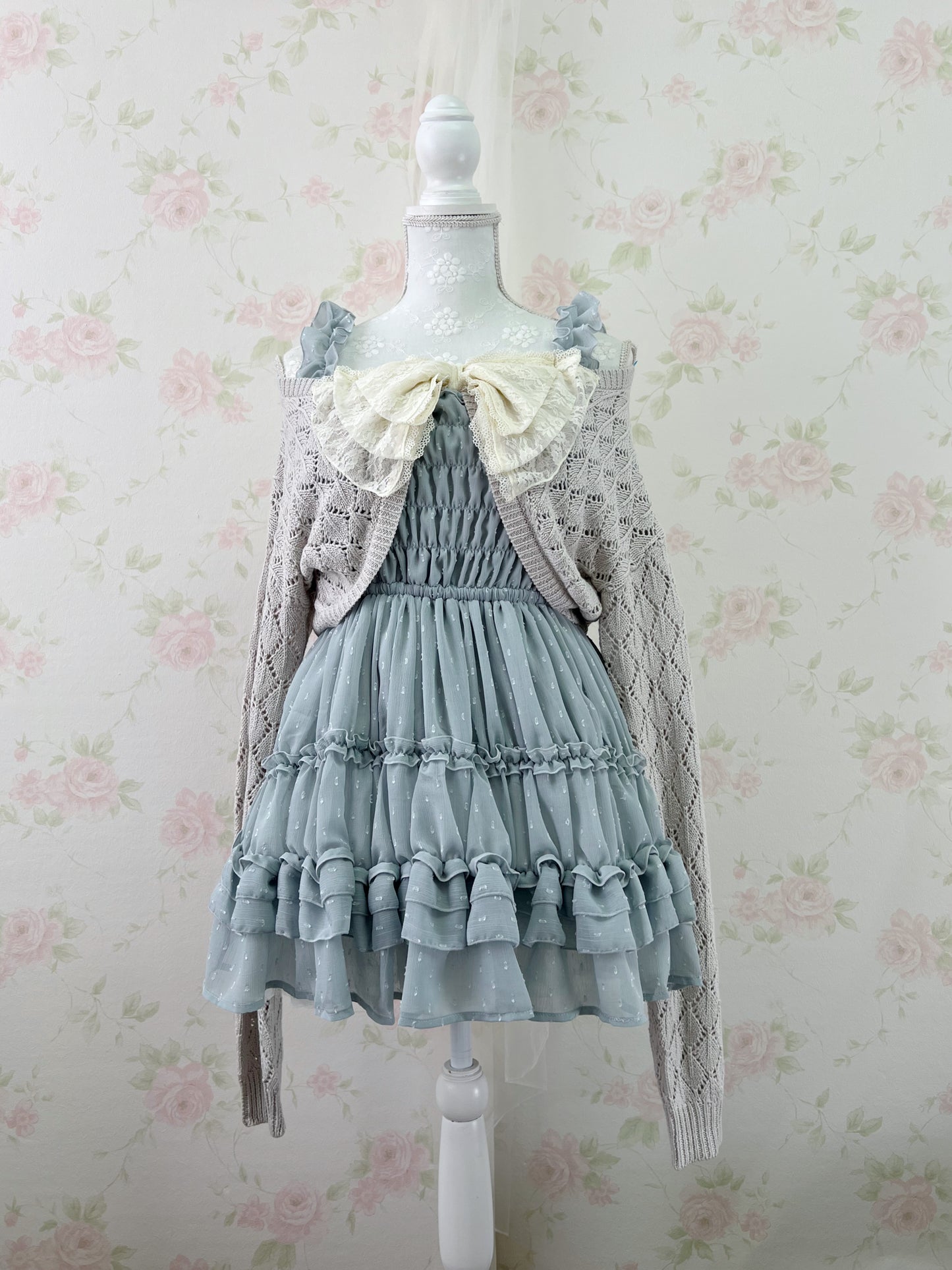 GRL Frilled Strap Tiered Dress (Grayish Blue Green)