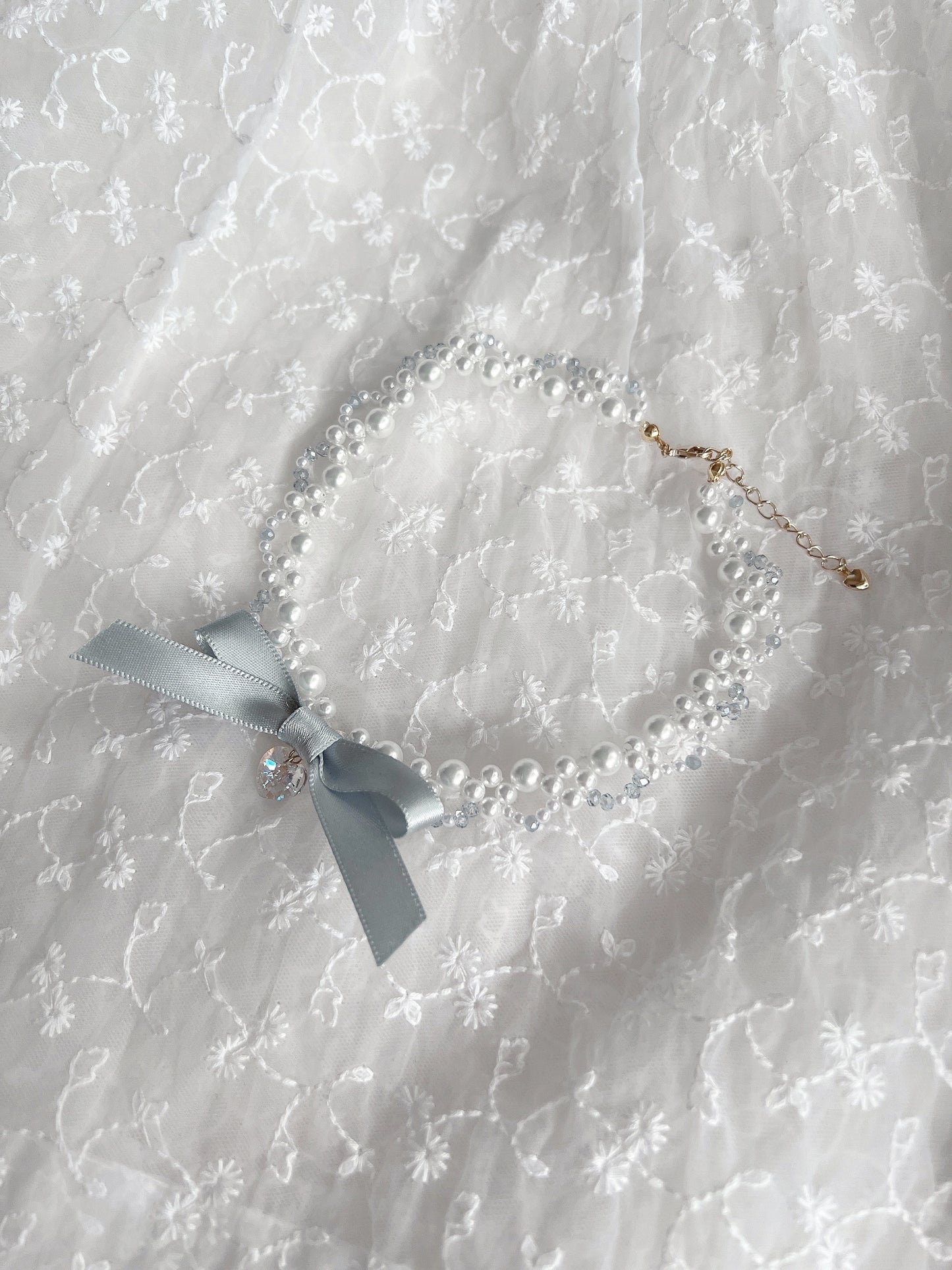 Ribbon Kirakira Heart Pearl Necklace