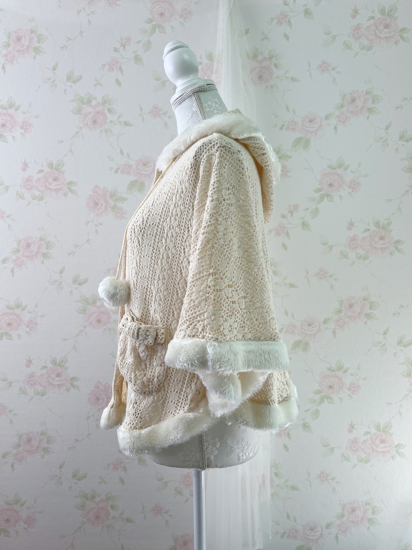 Ribbon Pocket Pom Pom Poncho (Beige)