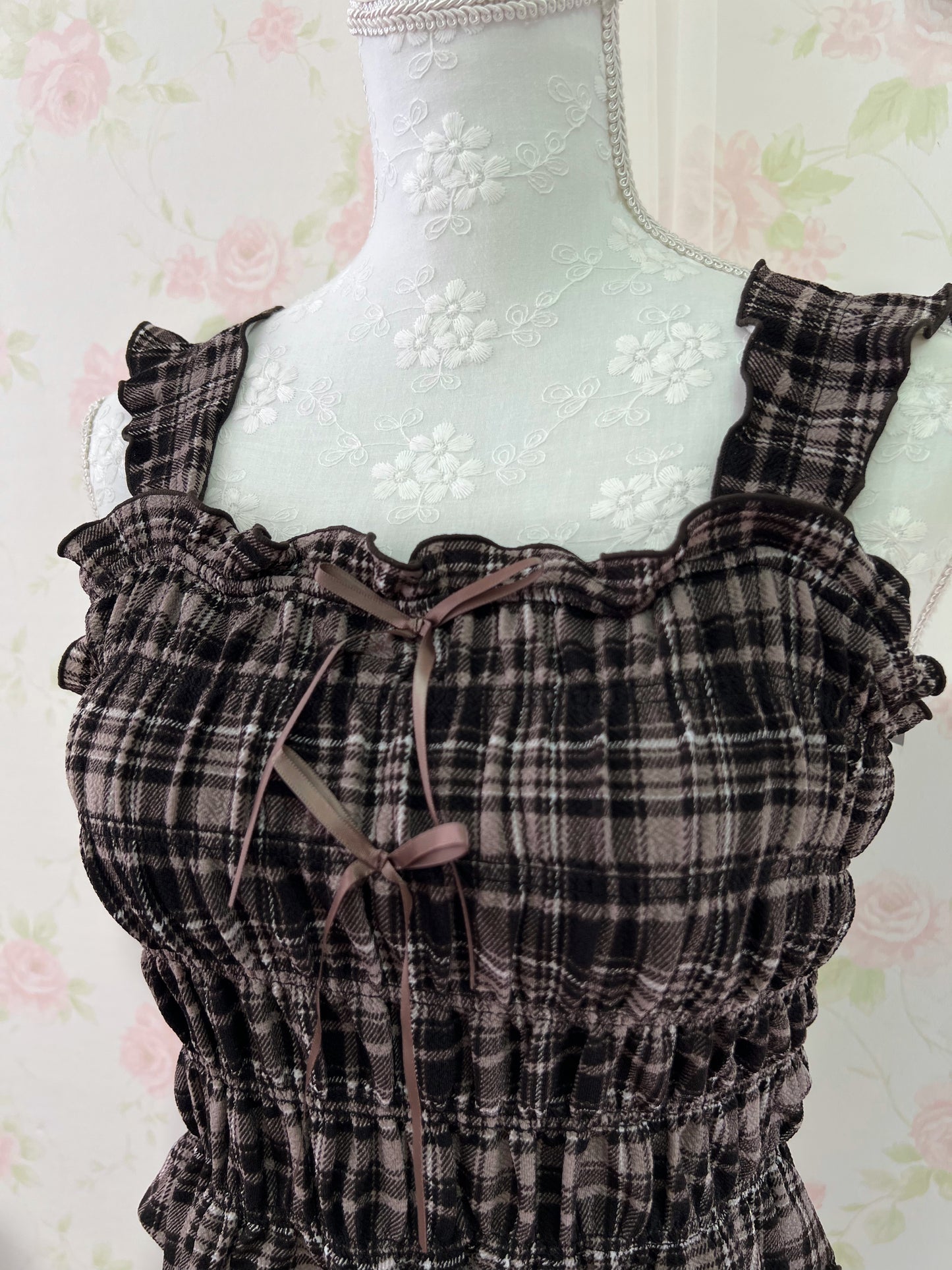 Olive des Olive Checked Double Bow Top (Strawberry Chocolate)