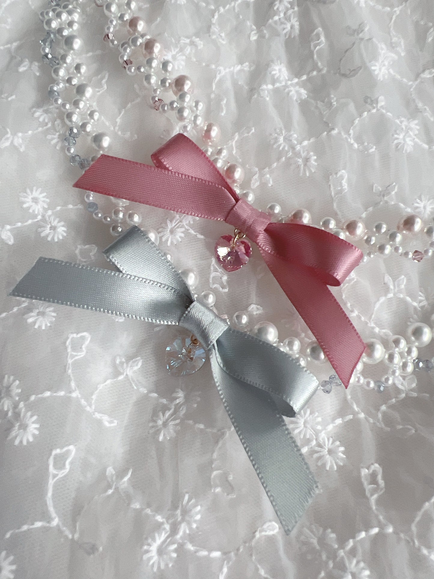 Ribbon Kirakira Heart Pearl Necklace