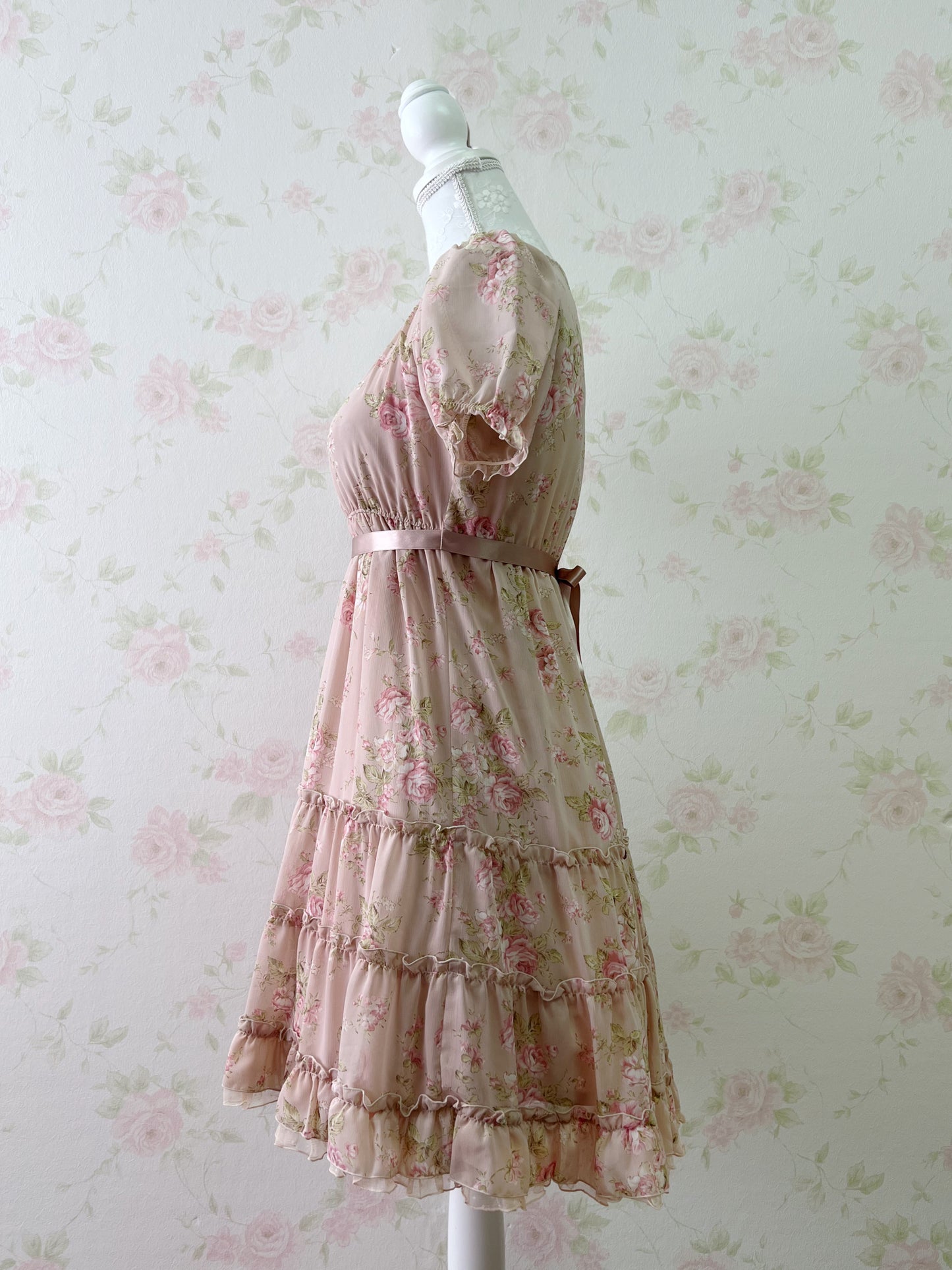 L’EST ROSE Princess Puff Sleeved Chiffon Dress (Pink)