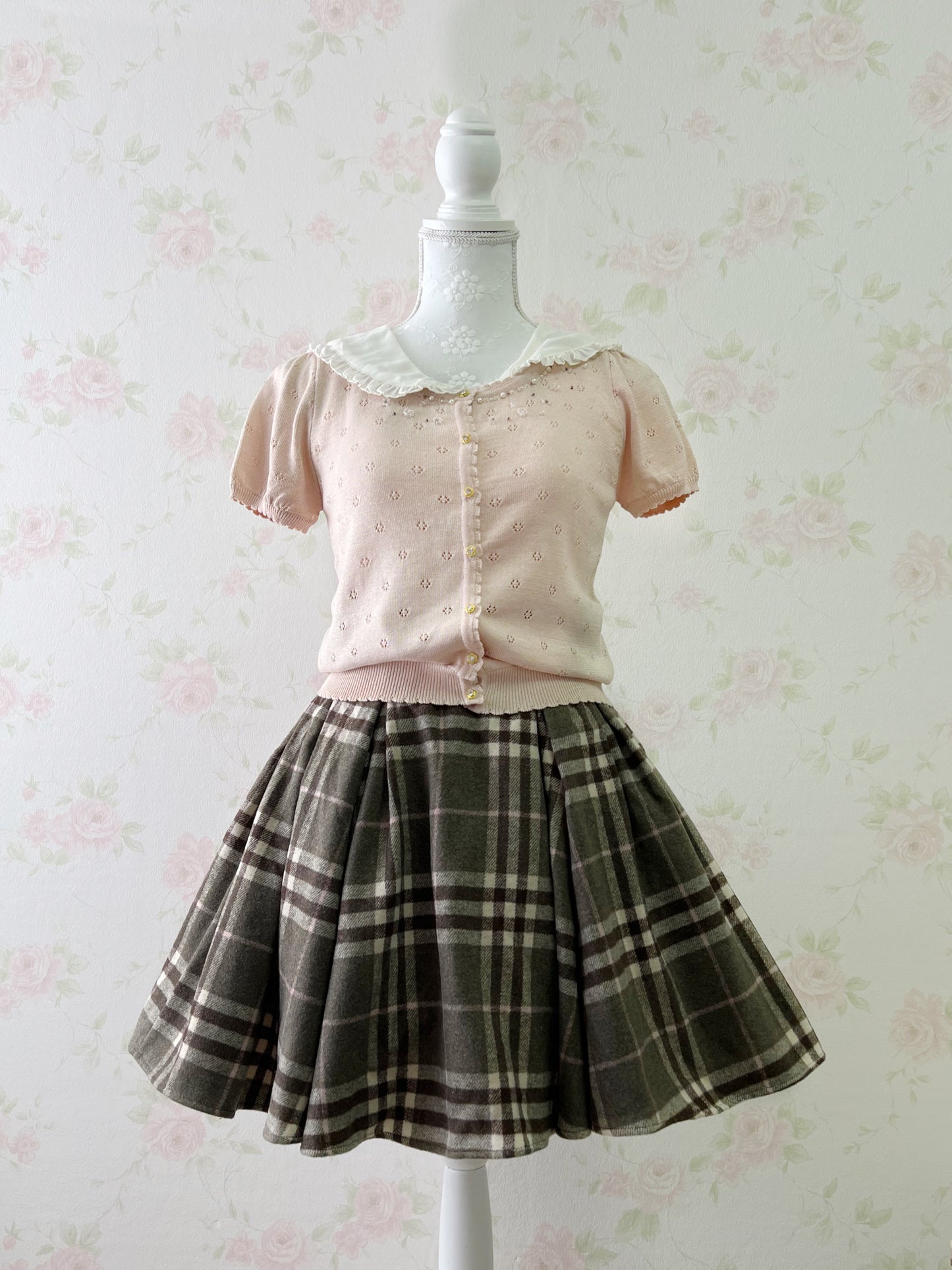 evelyn Heart Buckle Belt Checked Skirt (Brown)