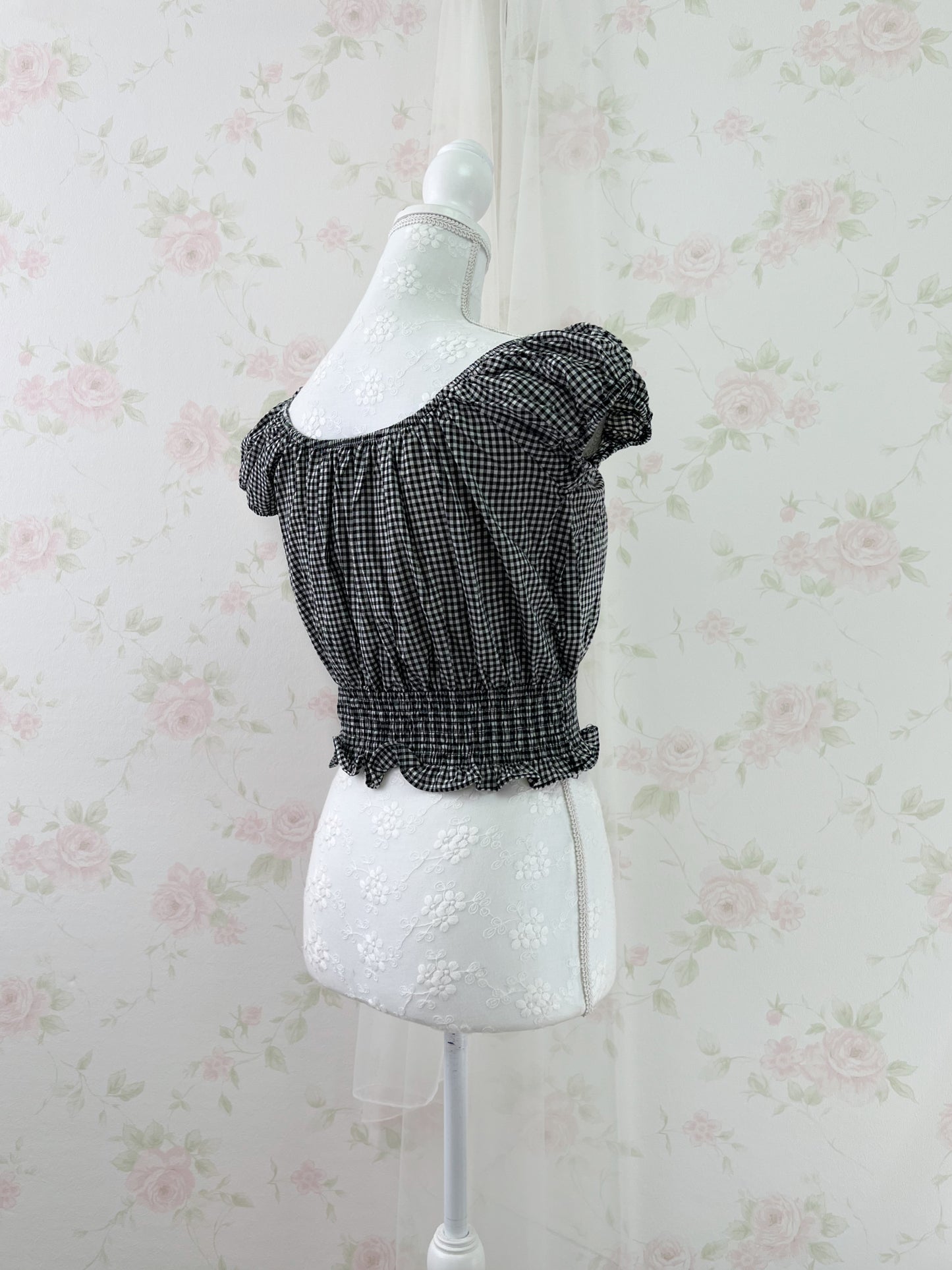 GRL 2 Way Gingham Checked Cotton Blouse (Black)