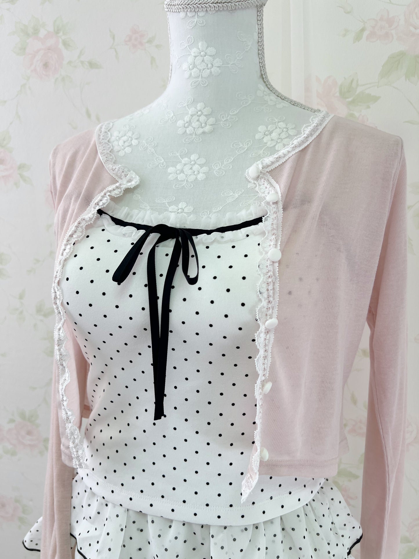 NICE CLAUP Lace Lined Cardigan (Pink)