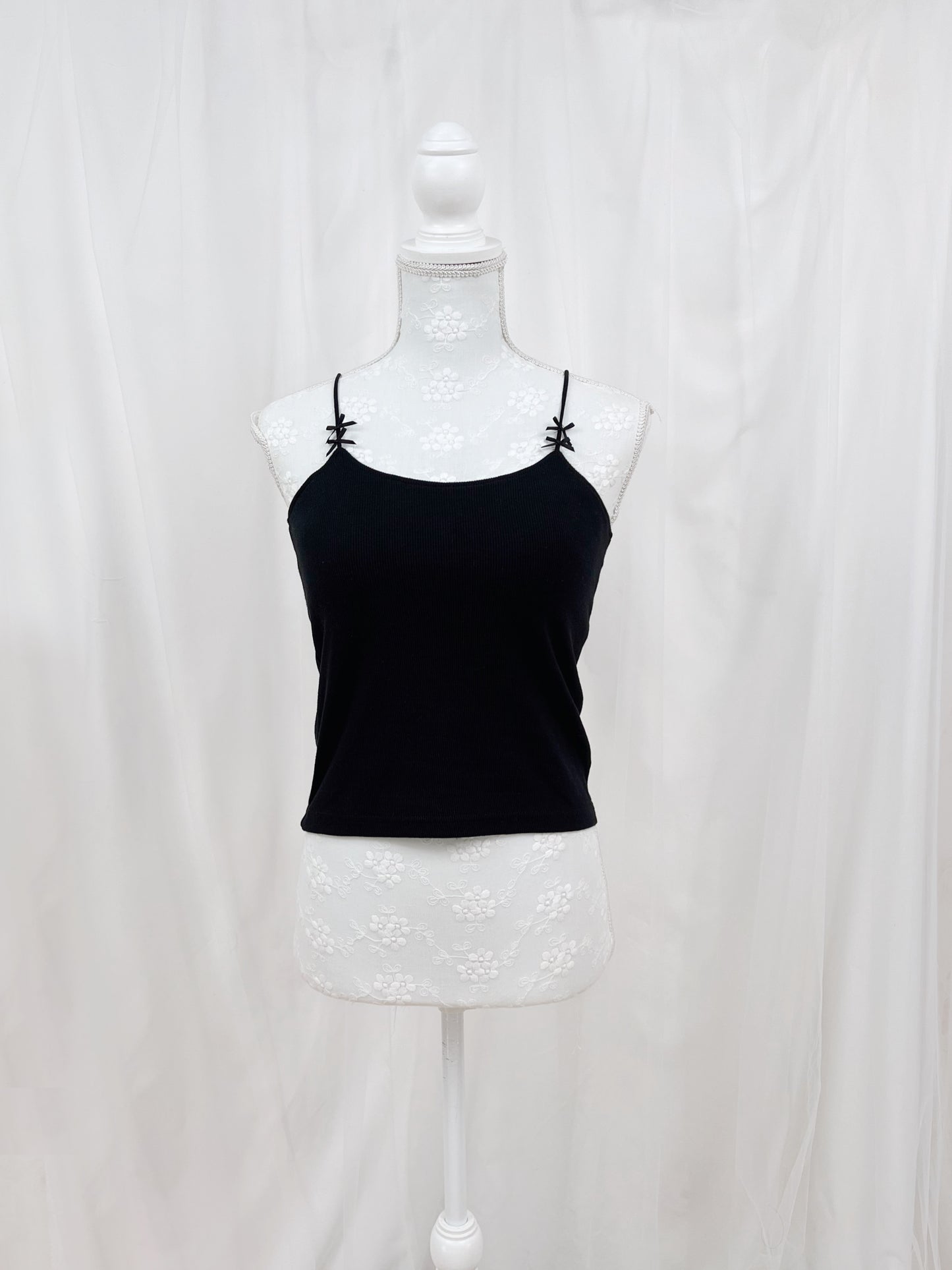 (24 Hours Sale) Petite Bow Strap Camisole With Cup (Black)