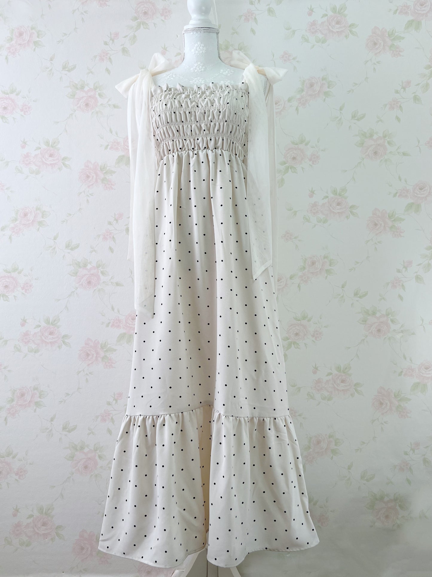 GRL Tulle Ribbon Strap Polka Dot Long Dress (Ivory)