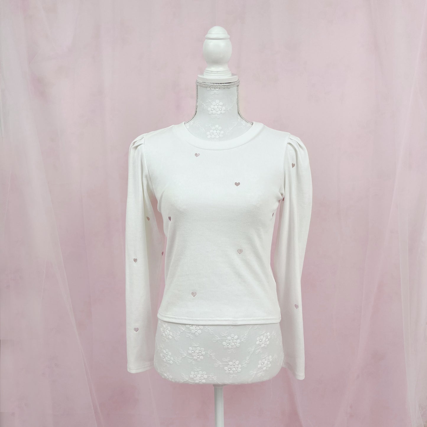Heart Embroidery Long Sleeved Top (White)