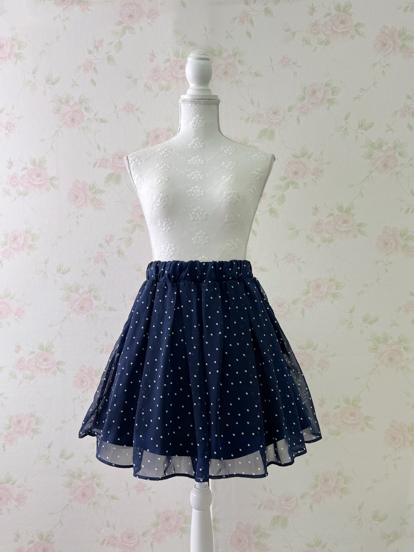 Honey’s Polka Dot Chiffon Dolly Skirt (Navy)
