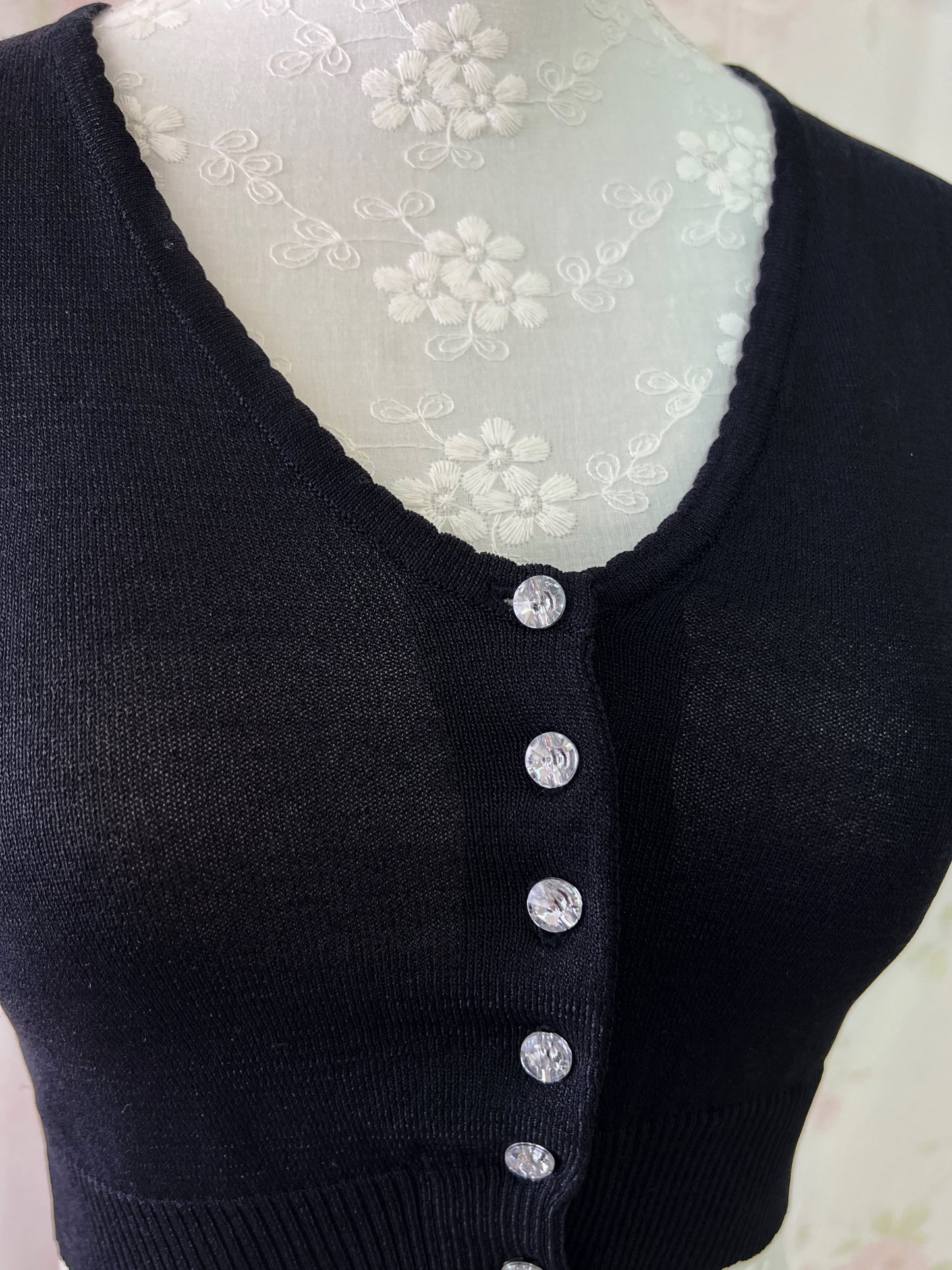Crystal Button Short Cardigan (Black)