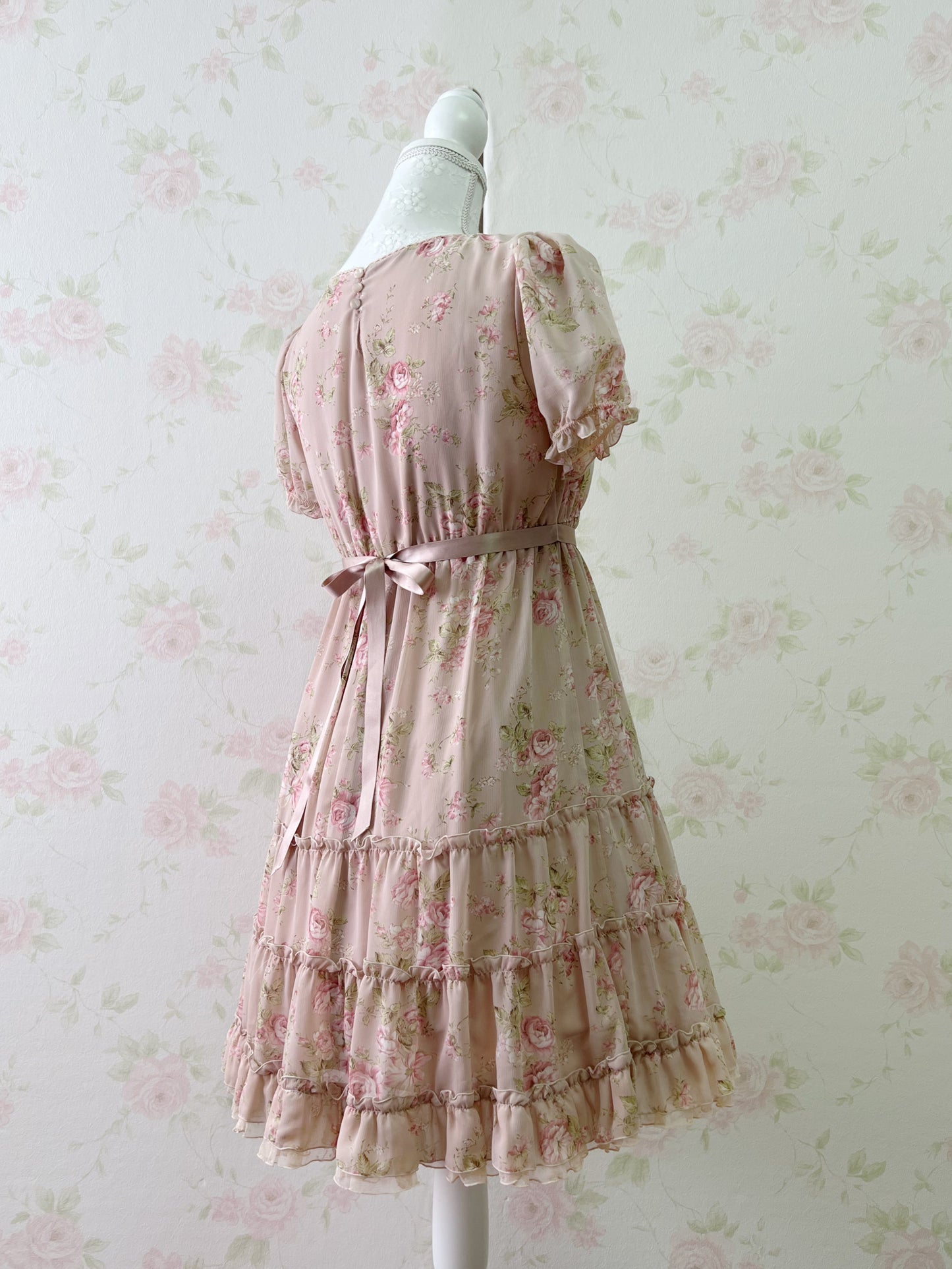 L’EST ROSE Princess Puff Sleeved Chiffon Dress (Pink)