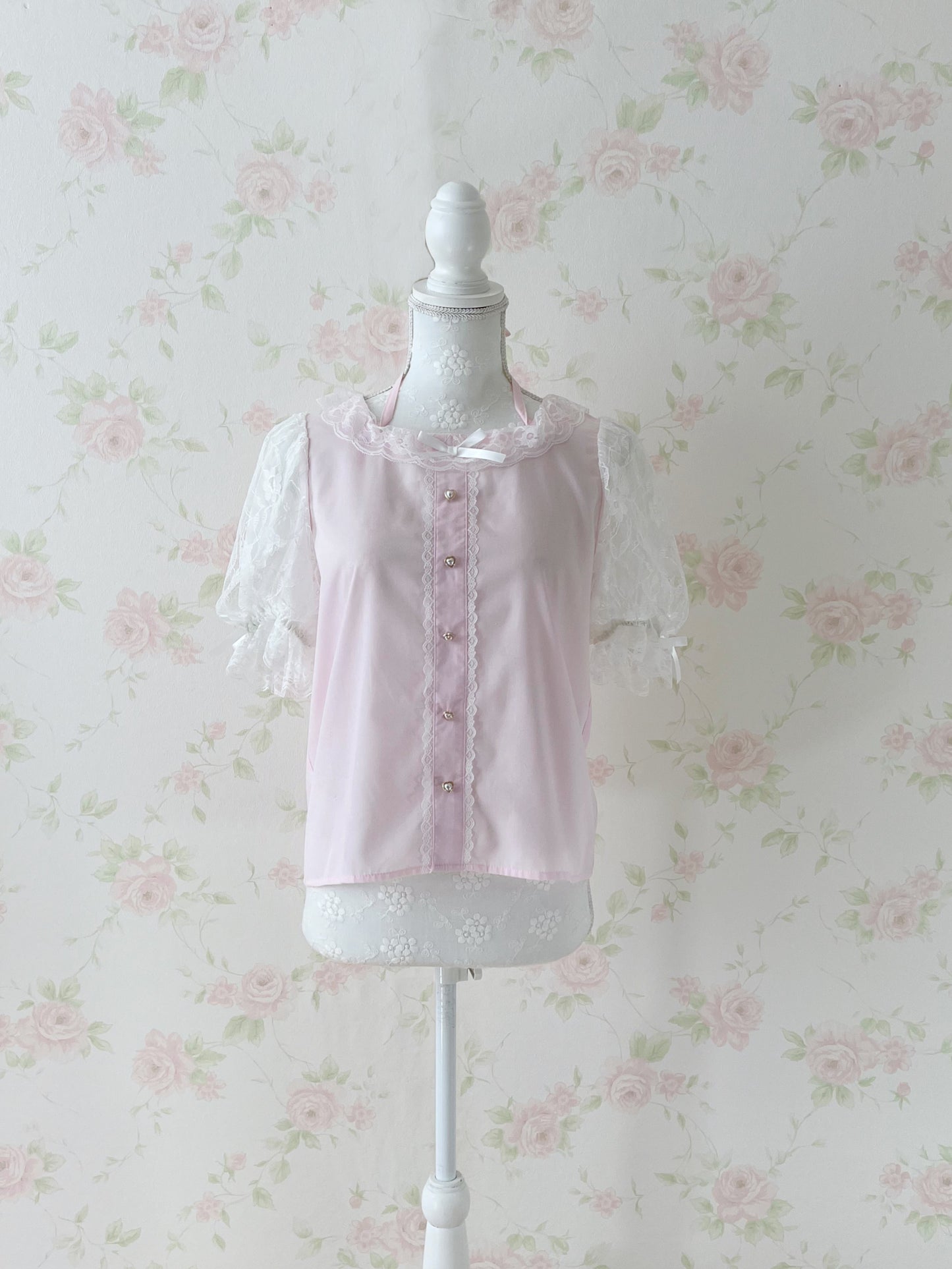 Lovely Tency Lace Sleeve Halter Neck Blouse (Pink)