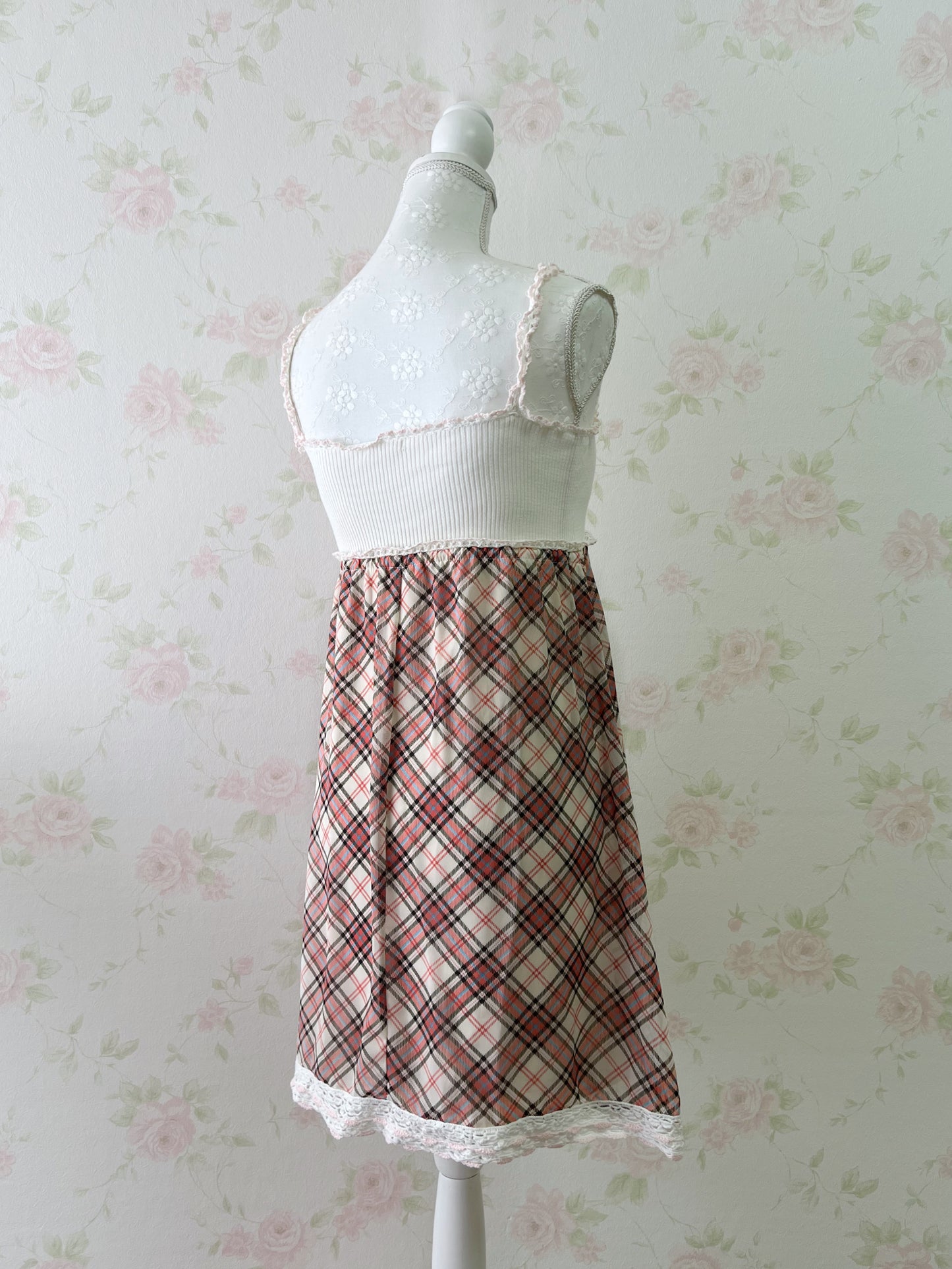 L'EST ROSE Crocheted Checked Camisole Dress