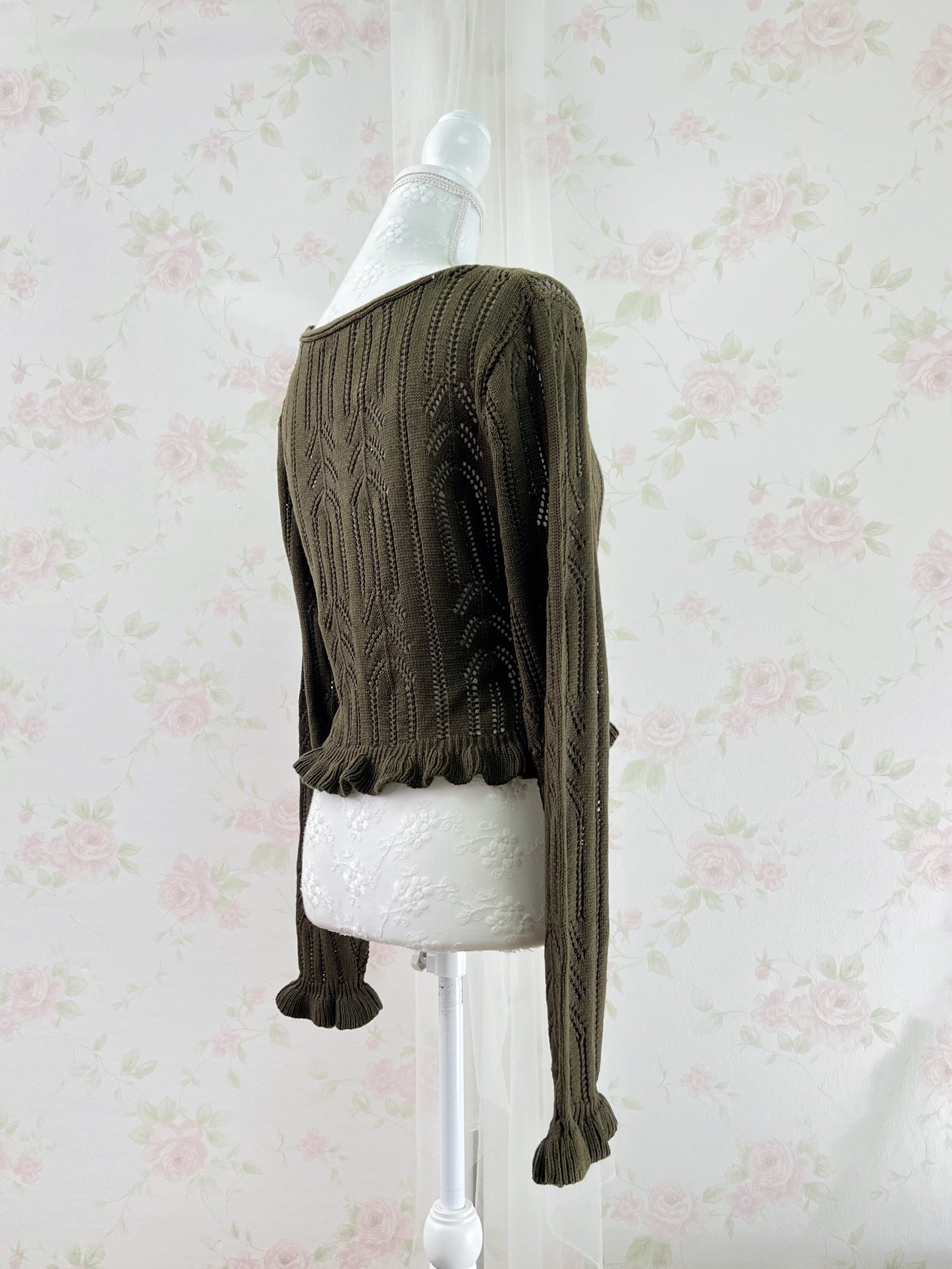 Y2K Double String Ruffled Hem Cardigan (Khaki)