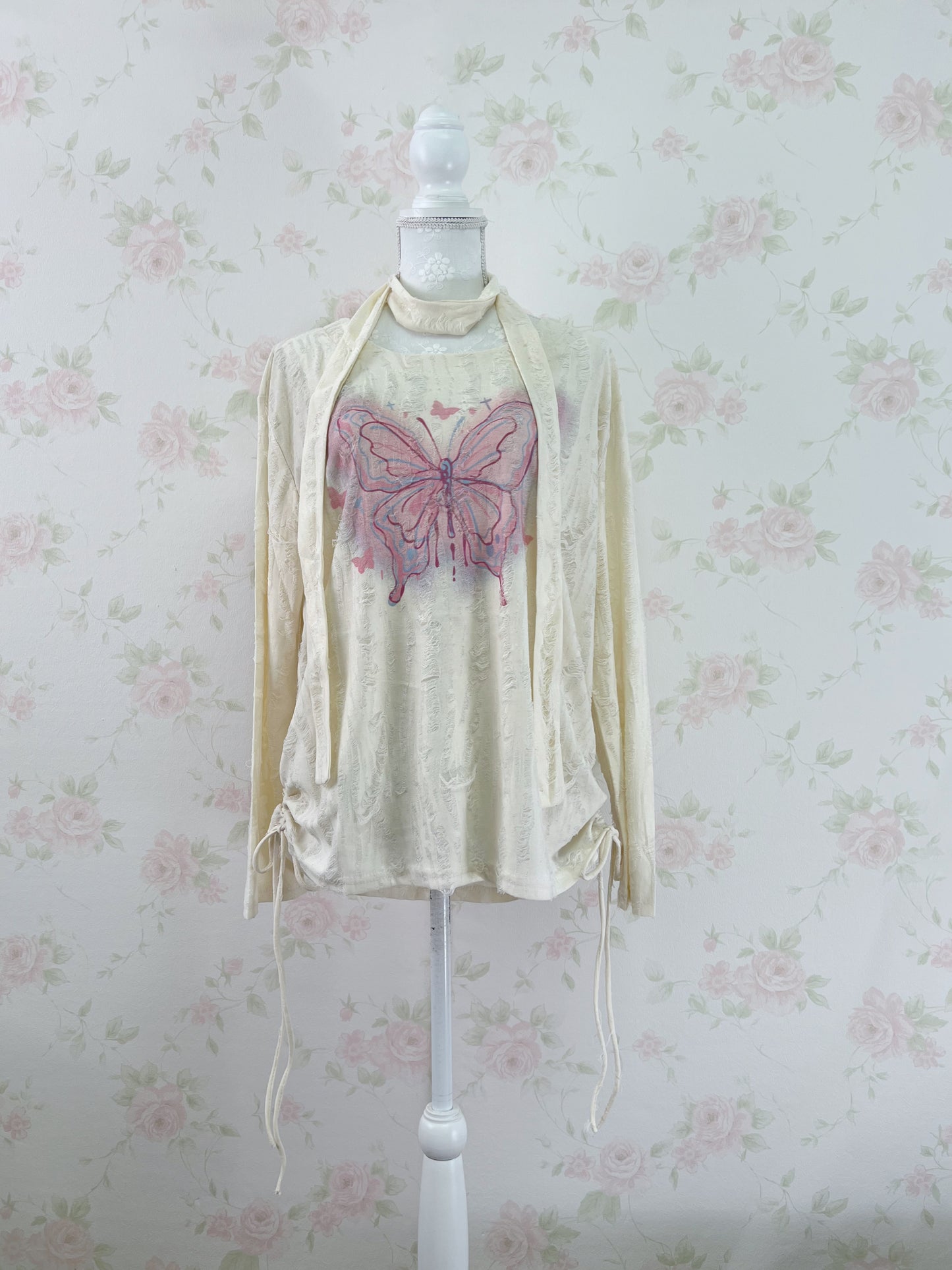 Butterfly Printed Damaged Long Sleeved Top