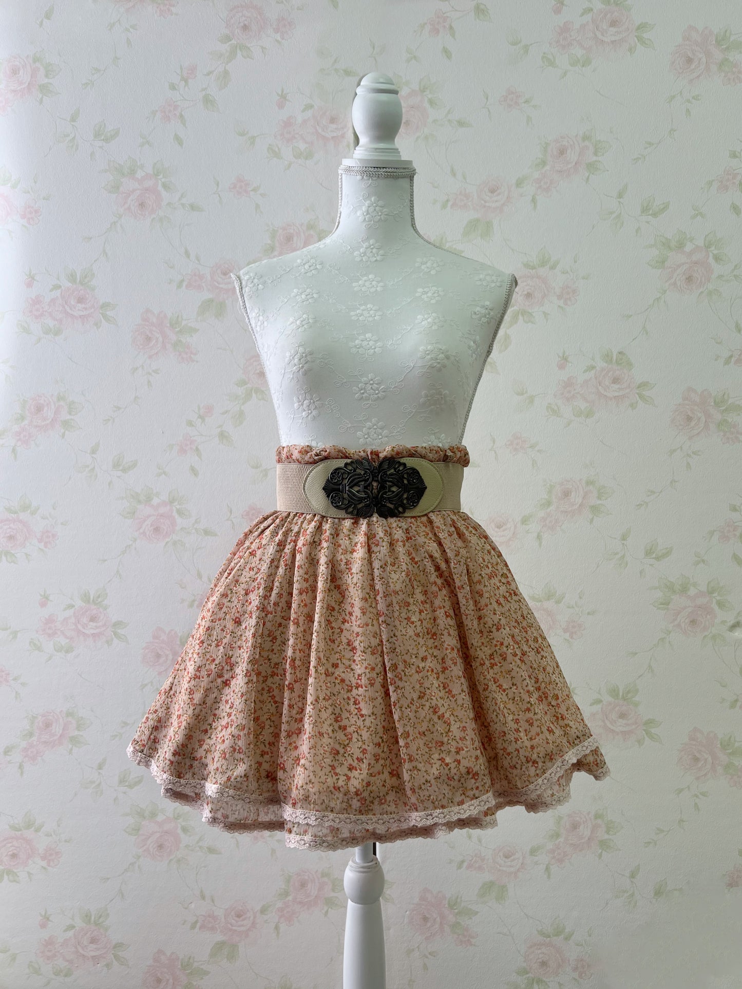 Petite Floral Organdy Skirt With Wide Belt