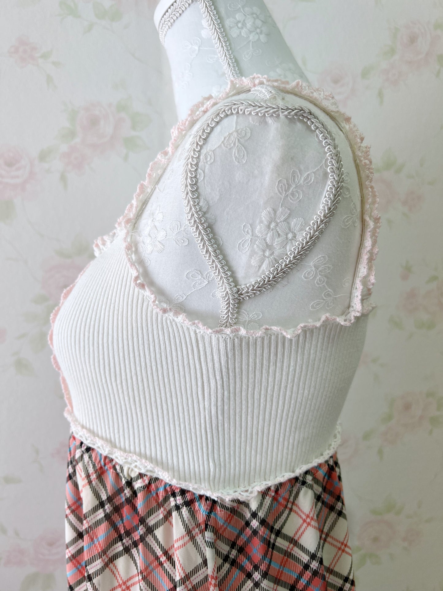 L'EST ROSE Crocheted Checked Camisole Dress