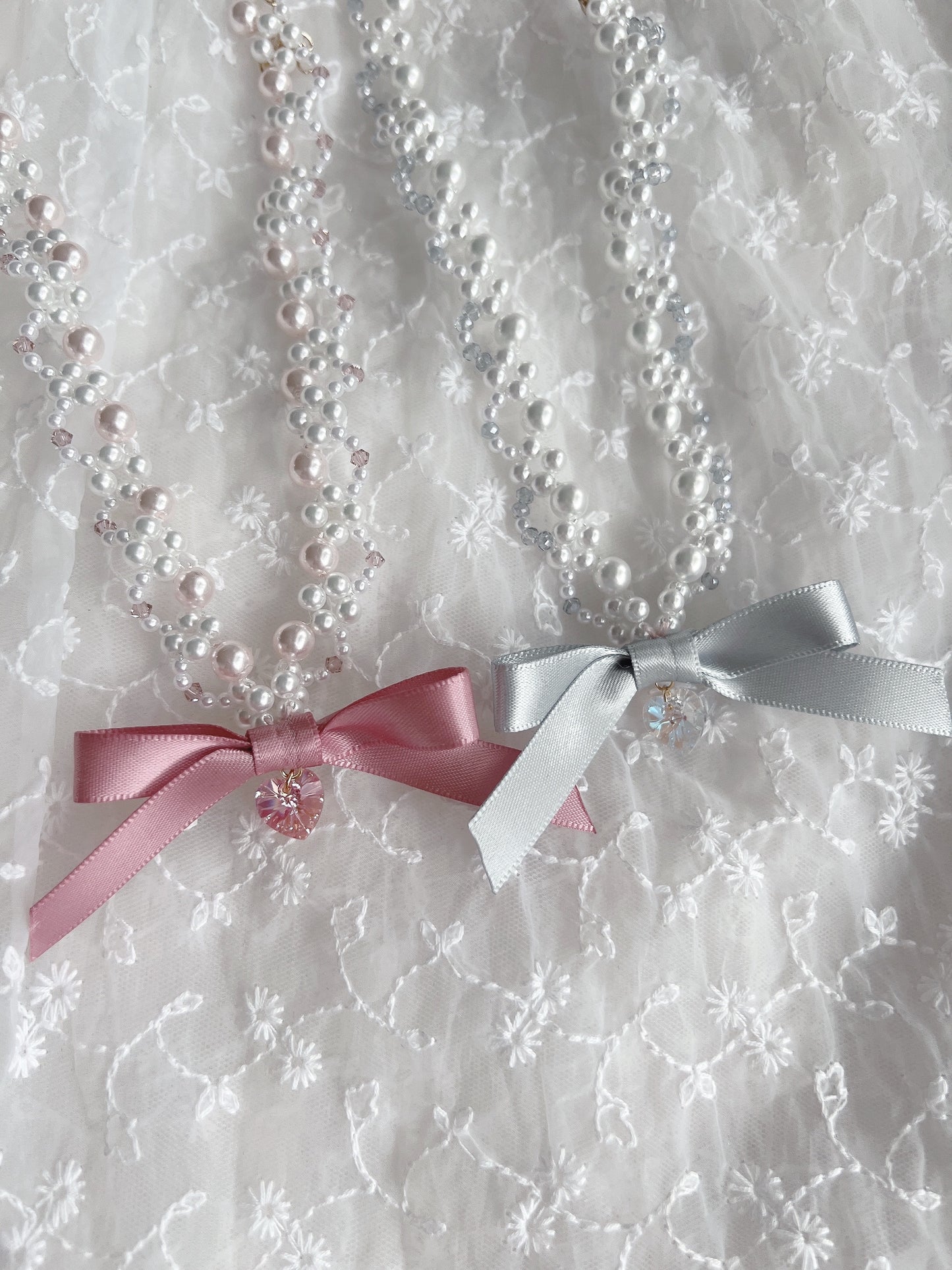 Ribbon Kirakira Heart Pearl Necklace