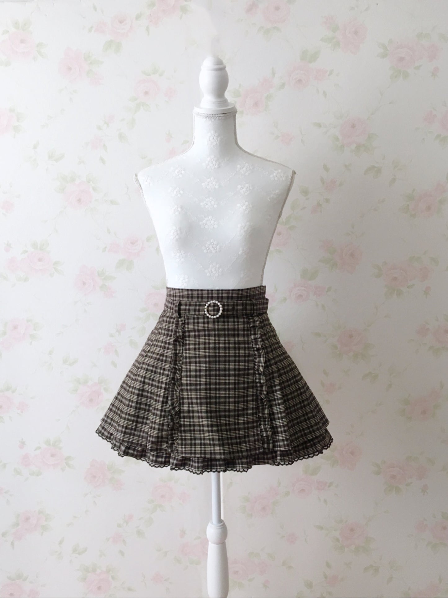 Honey Cinnamon Checked Belt Skirt (Brown)