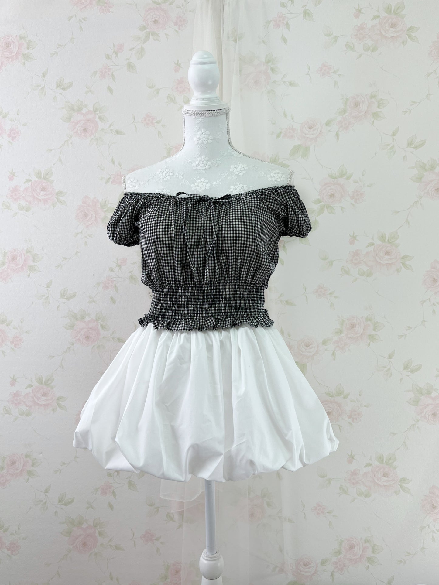 GRL 2 Way Gingham Checked Cotton Blouse (Black)