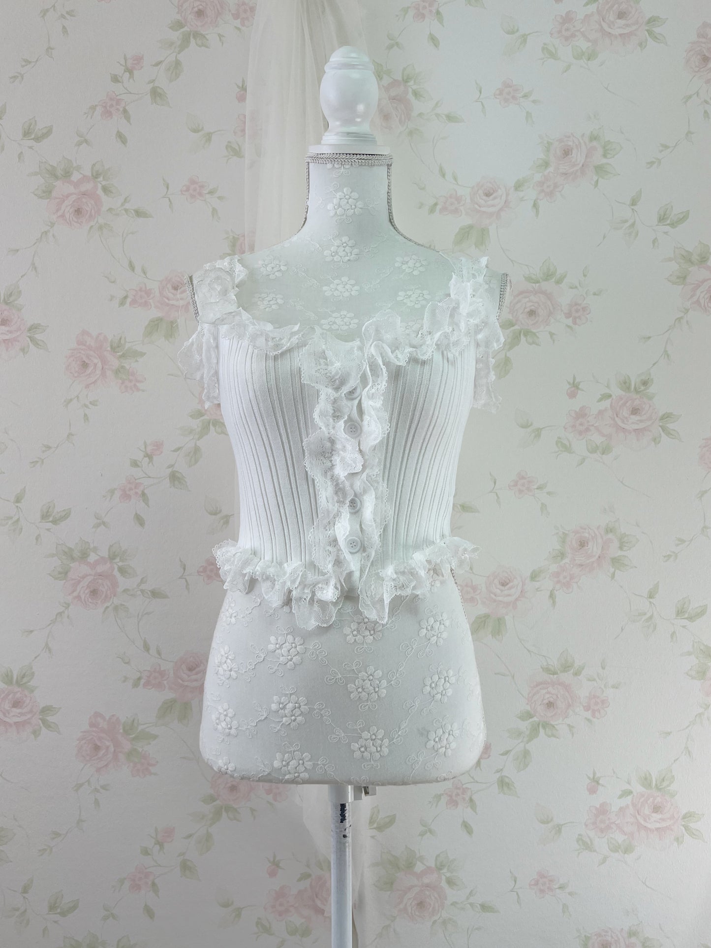 Lacy Ribbed Button Up Tank Top(white)