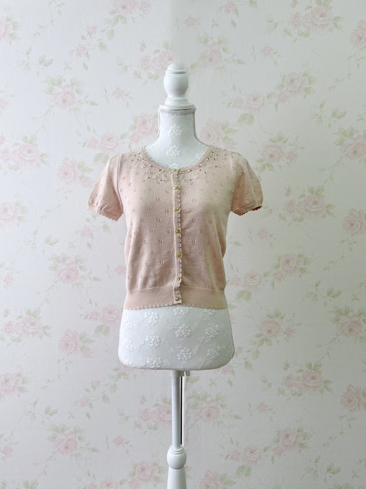 Prime Pattern Lame Shiny Fabric Beaded Cardigan (Pink Beige)