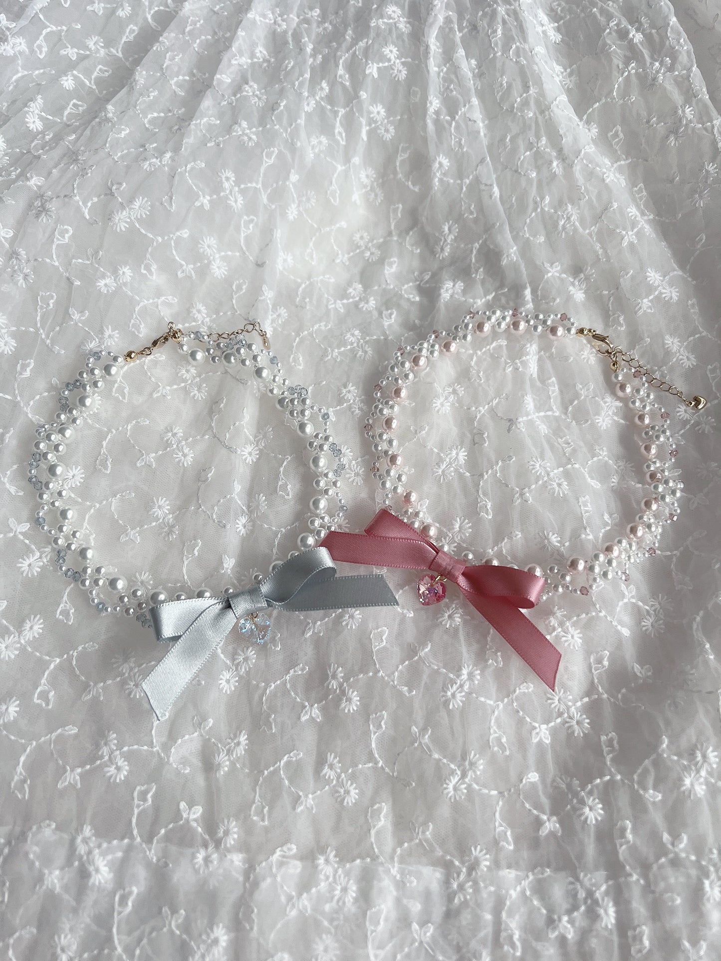 Ribbon Kirakira Heart Pearl Necklace