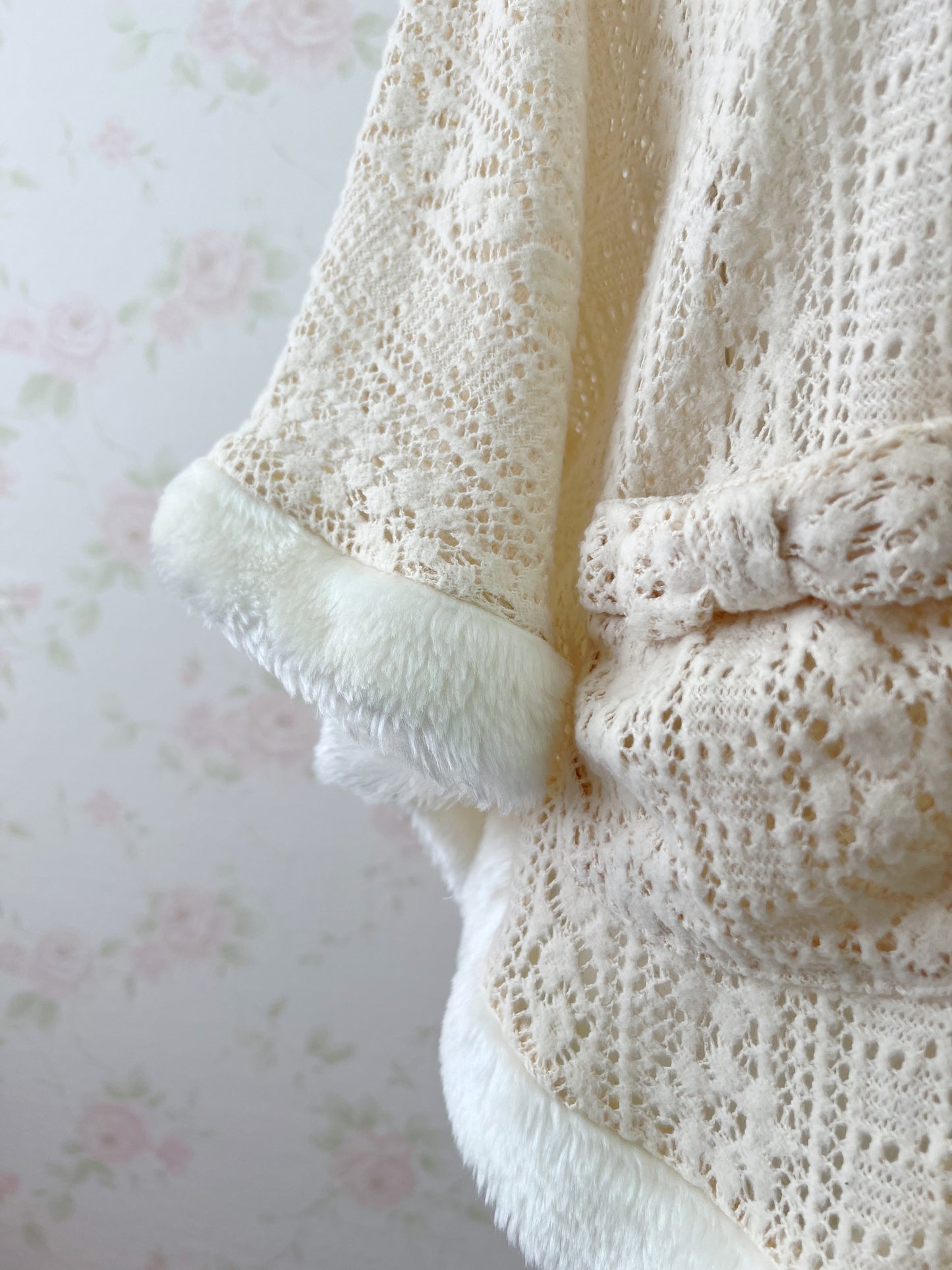 Ribbon Pocket Pom Pom Poncho (Beige)