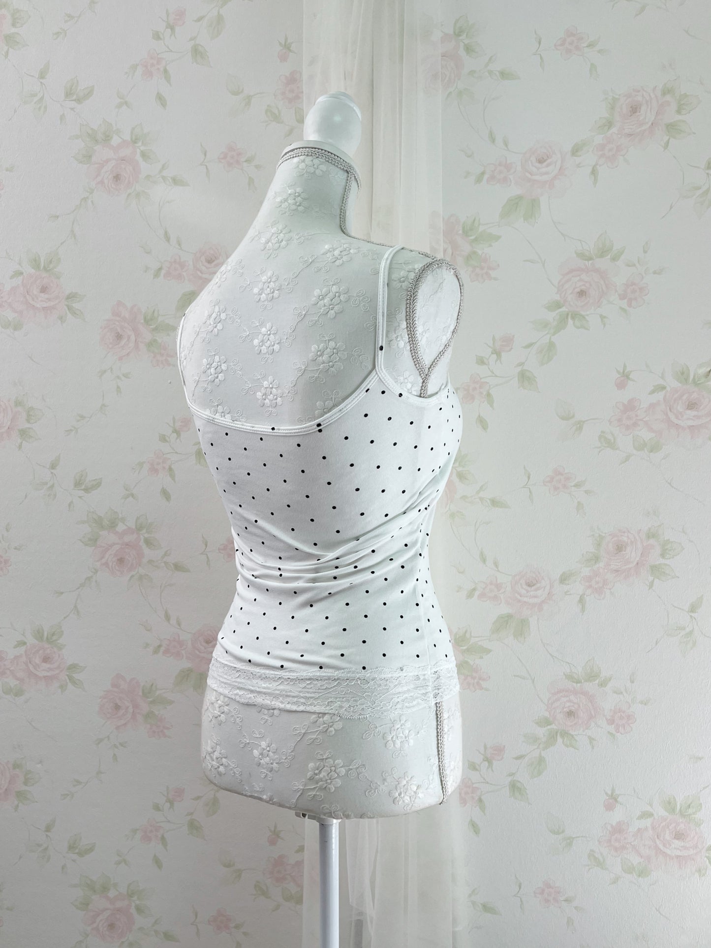 Polka Dot Lacy Hem Camisole With Cups (White)