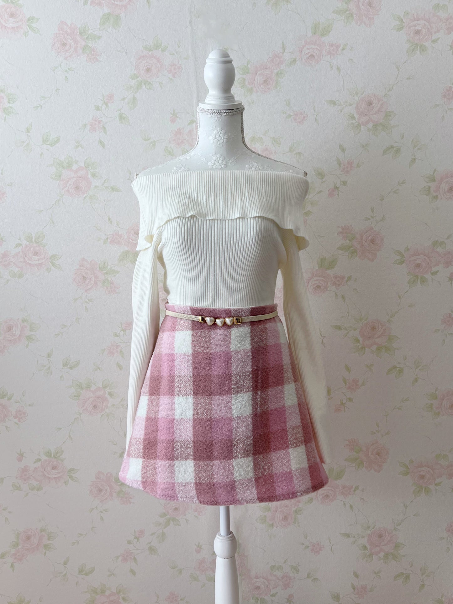 evelyn Checked Trapezoid Skirt (Candy Pink)