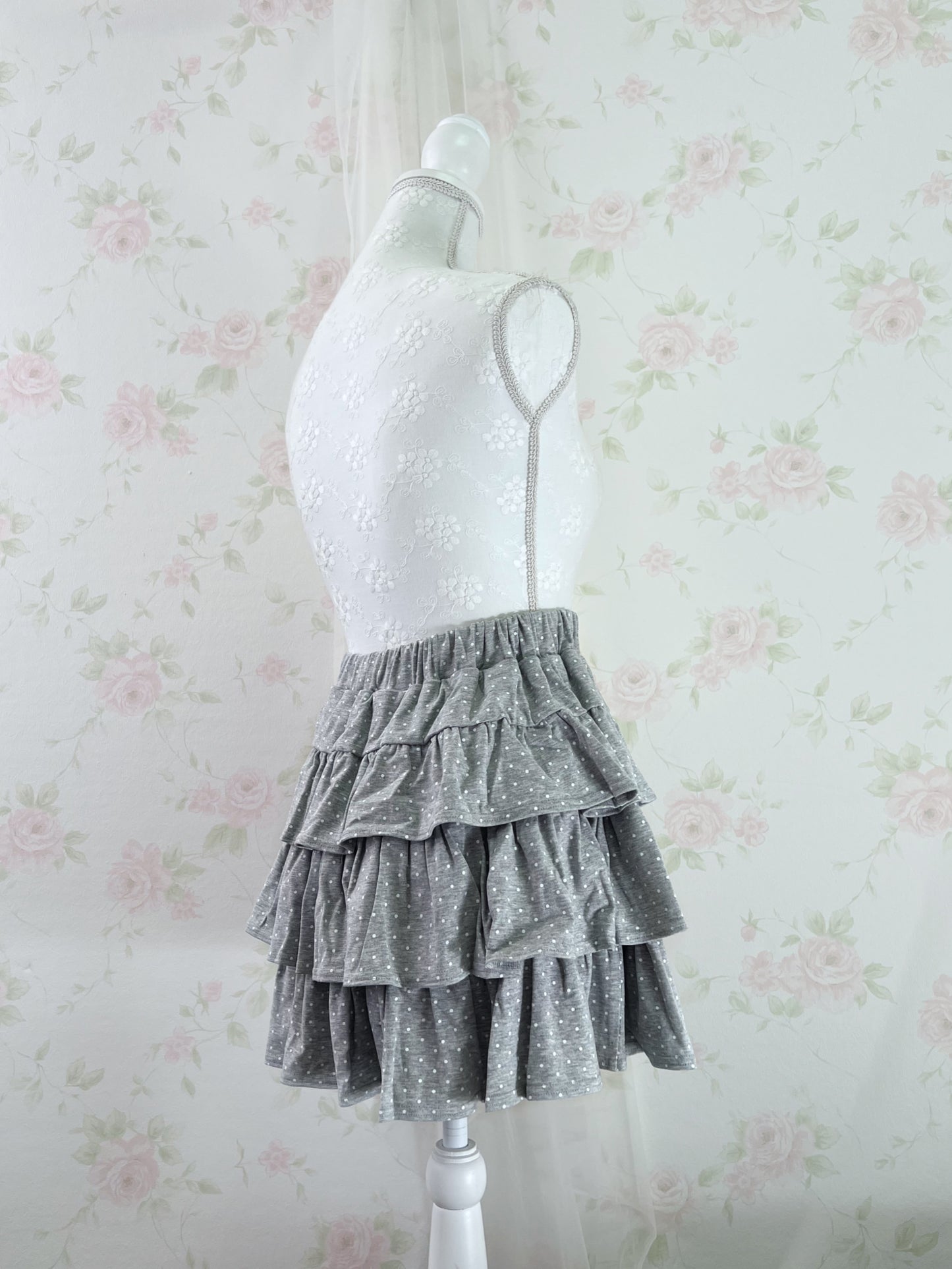 Polka Dot Tiered Skirt (Gray)